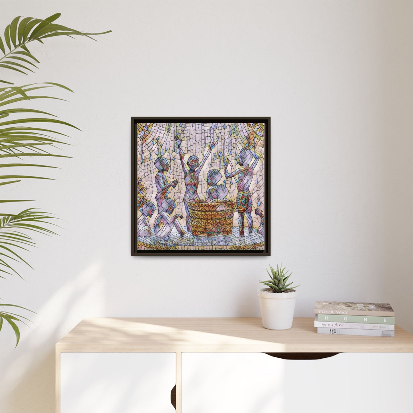 Framed Matte Canvas Art — Children Playing Mosaic Illustration