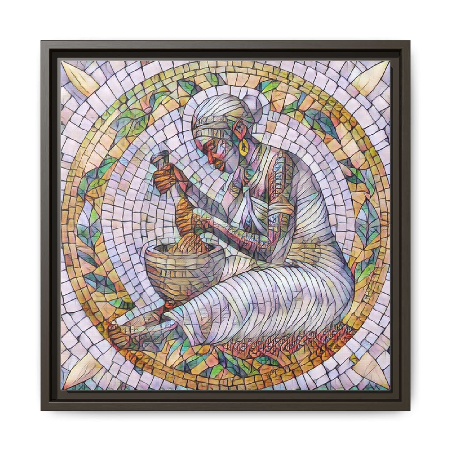 Framed Mosaic Art Print — Woman Grinding Grain (Matte Canvas)