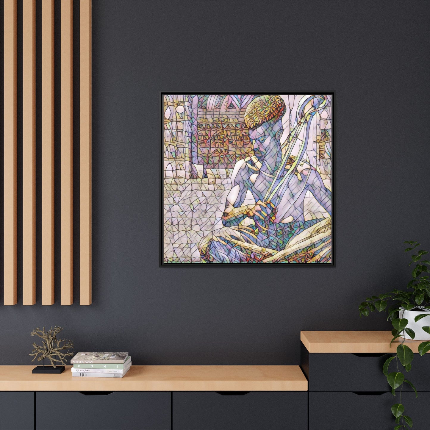 Framed Matte Canvas Art – Stained-Glass Style Musician Print