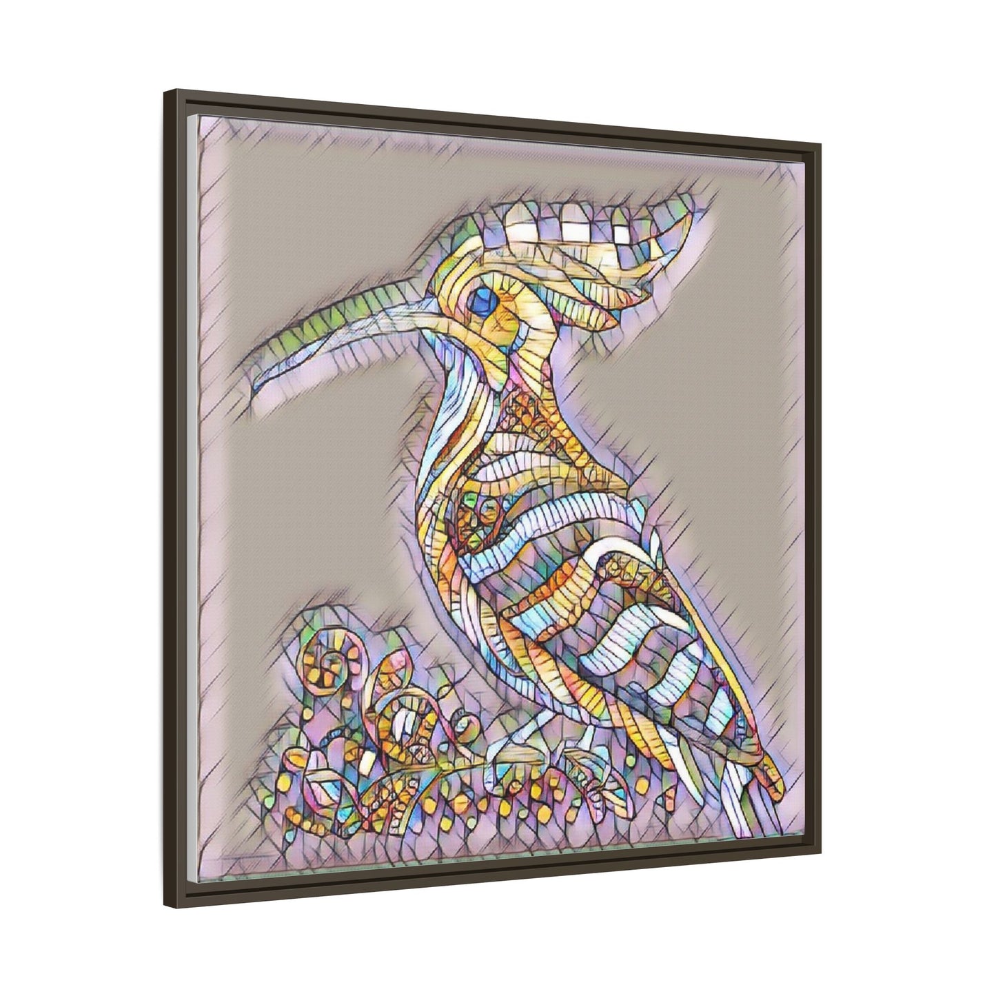 Colorful Mosaic Bird Framed Canvas Art — Whimsical Hoopoe Wall Decor