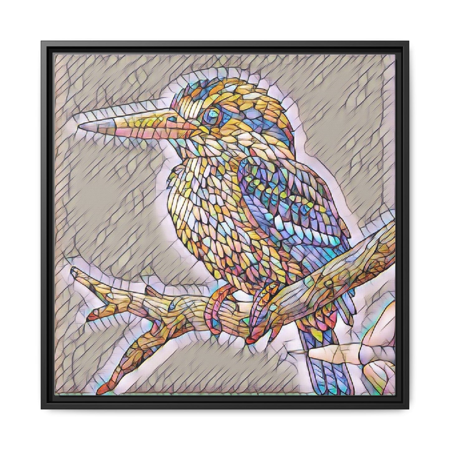 Colorful Kingfisher Framed Canvas Wall Art — Stained-Glass Style Bird Print