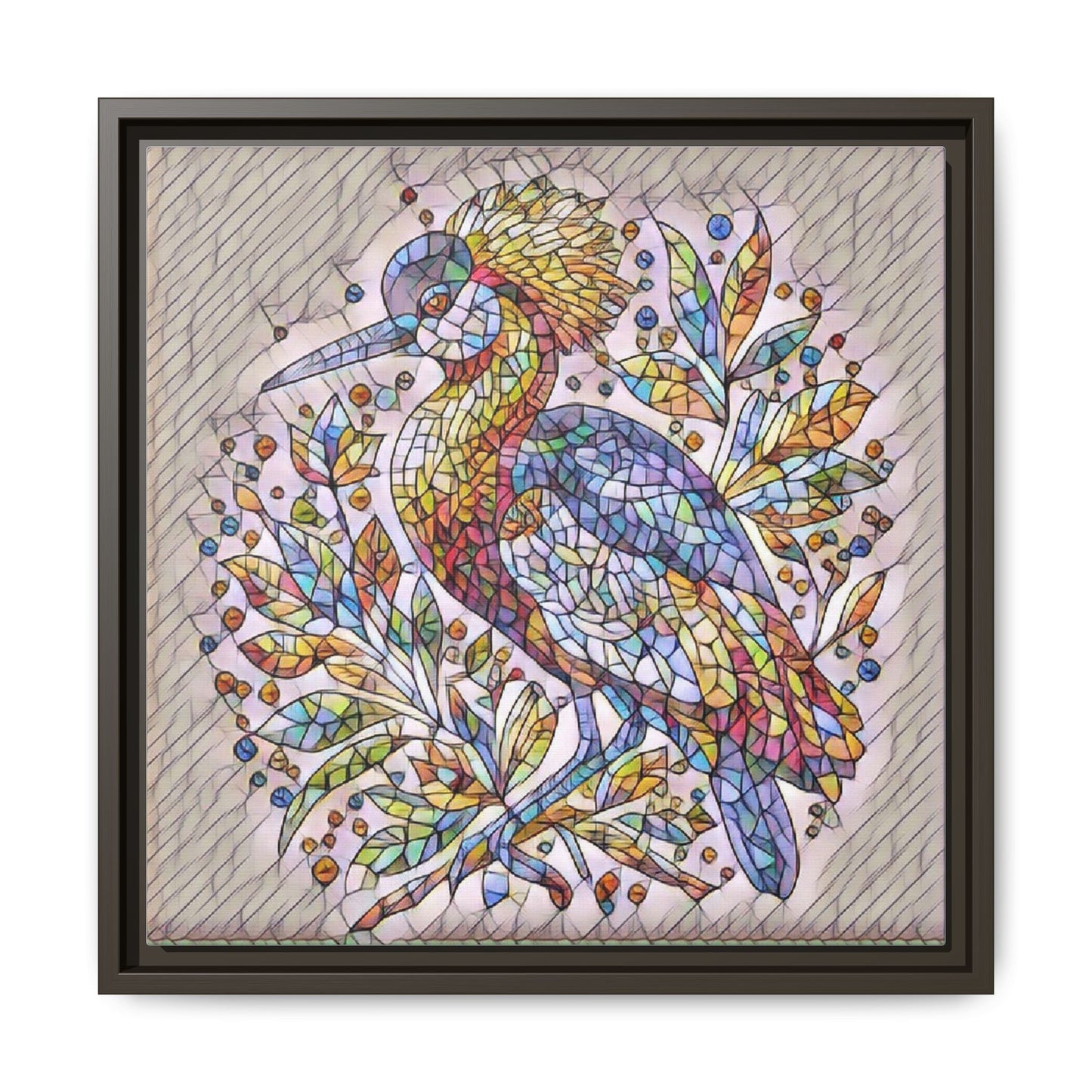 Colorful Stained-Glass Heron — Framed Matte Canvas Wall Art