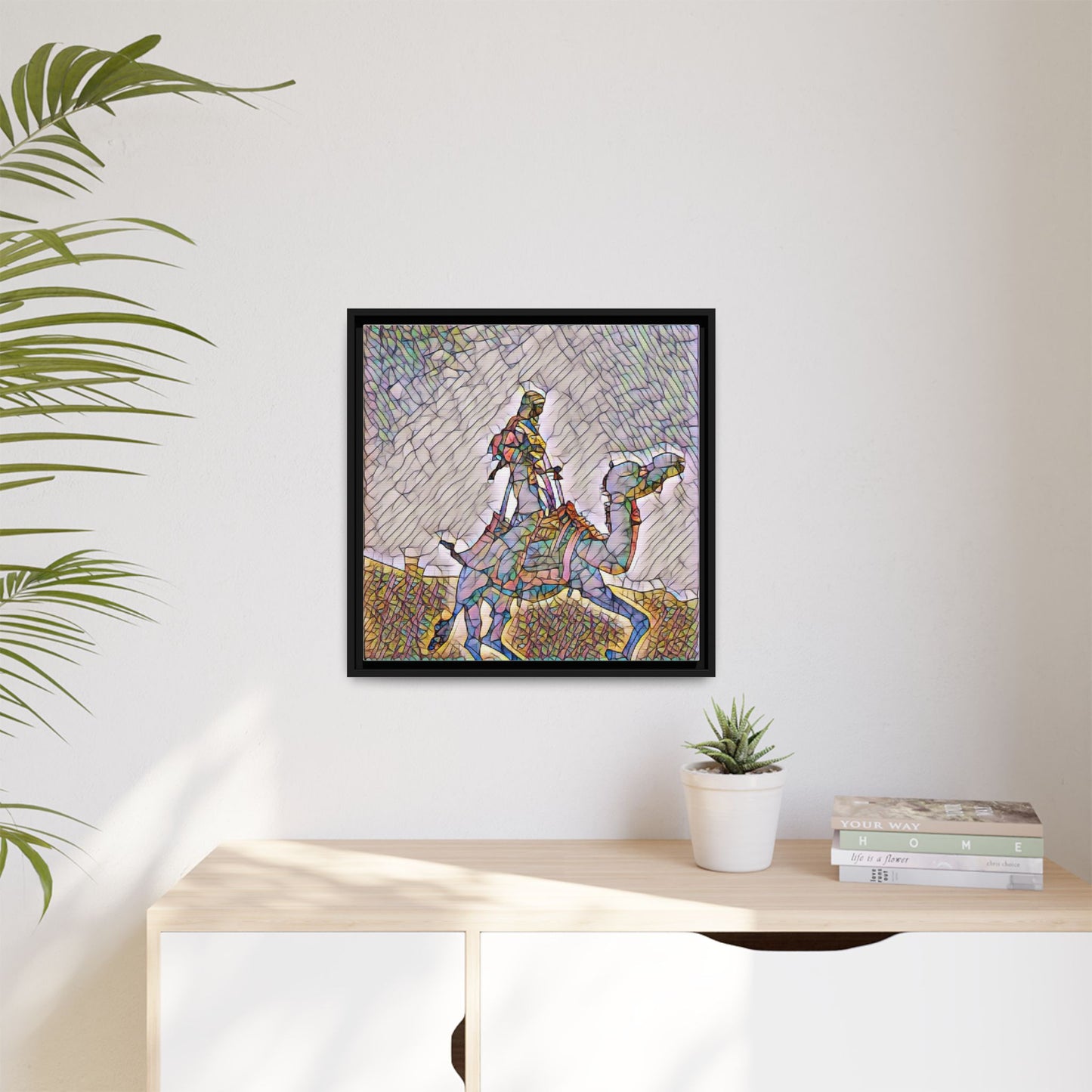 Framed Camel Rider Matte Canvas Art — Colorful Mosaic Desert Wall Decor