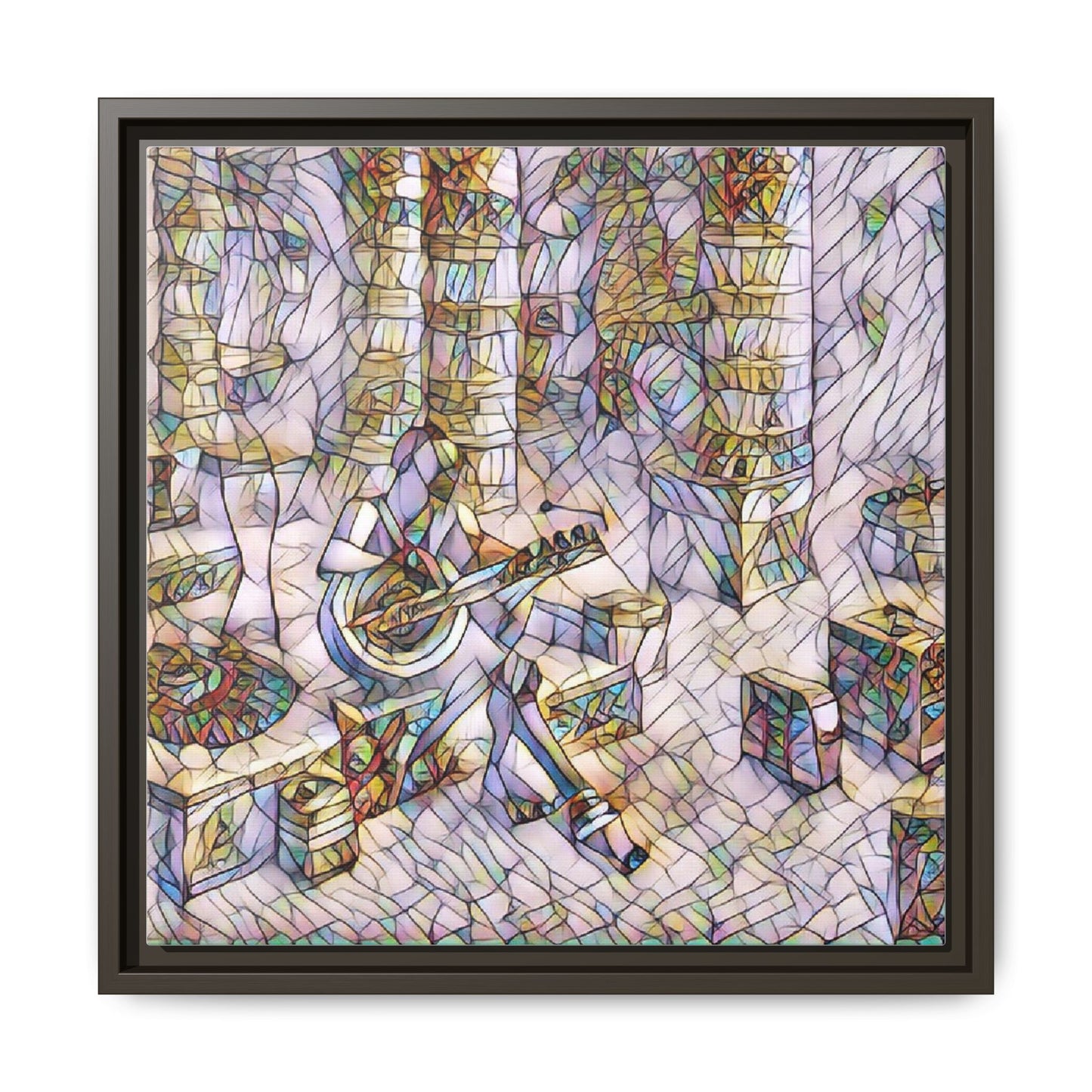 Framed Matte Canvas Art - Abstract Guitarist in Colorful Mosaic