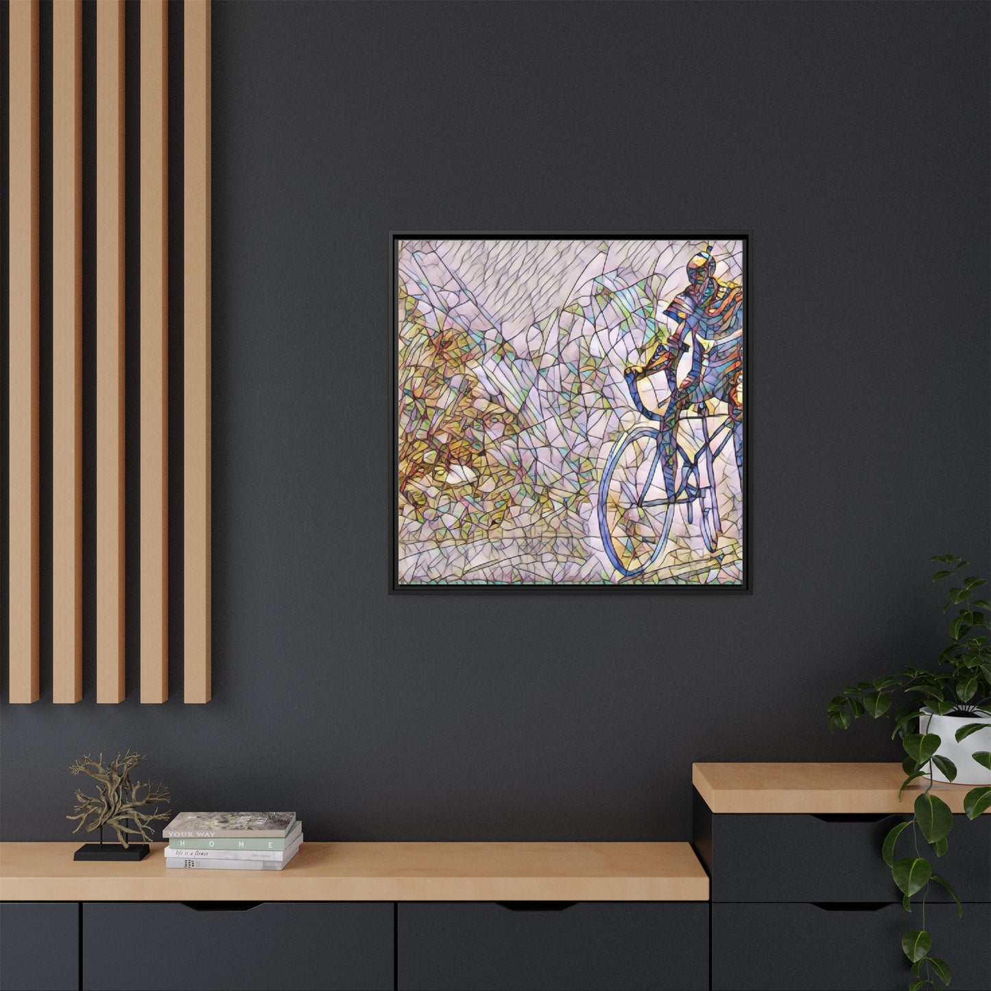 Colorful Cyclist Stained-Glass Art — Framed Matte Canvas
