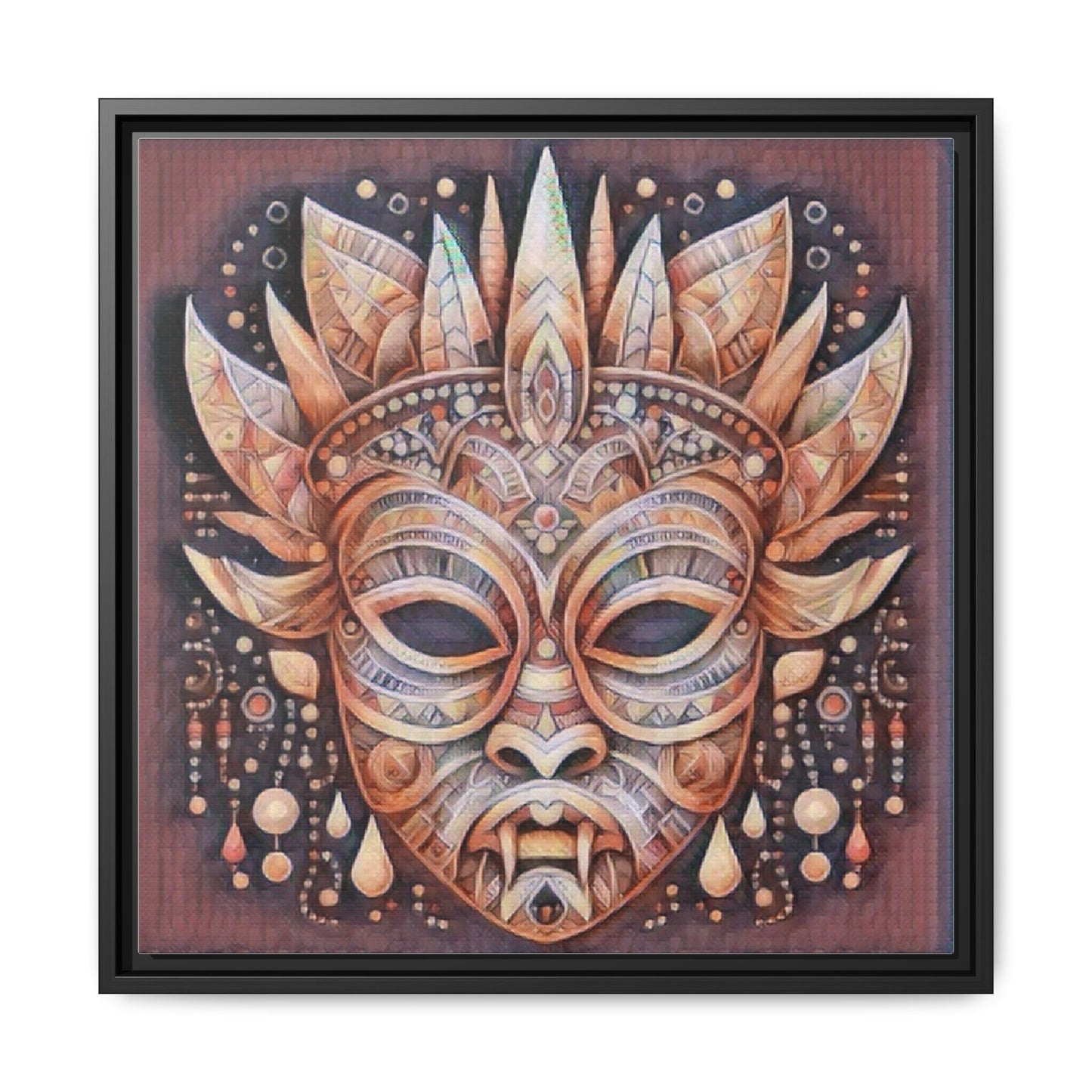 Tribal Sun Mask Framed Canvas Art — Boho Ethnic Wall Decor