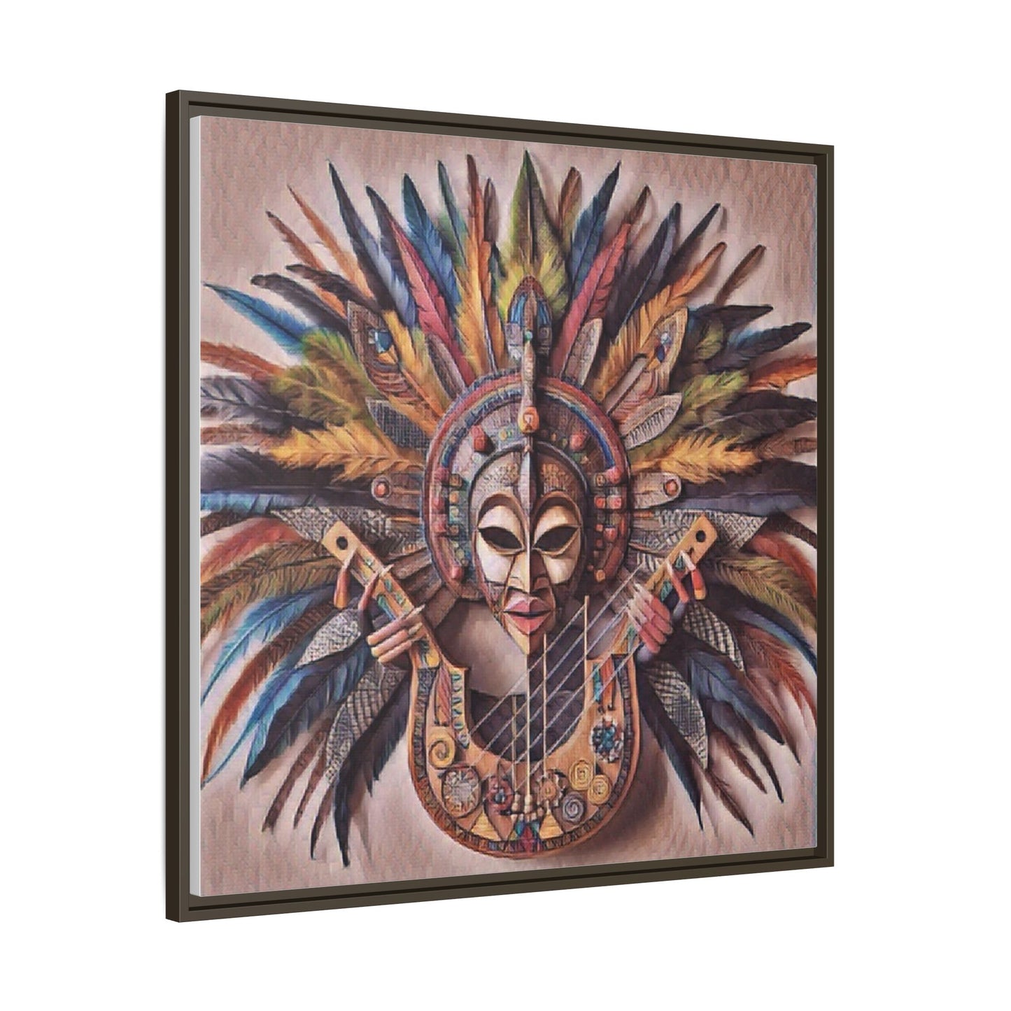 Tribal Feather Mask Guitar Framed Canvas Art — Colorful Boho Wall Decor
