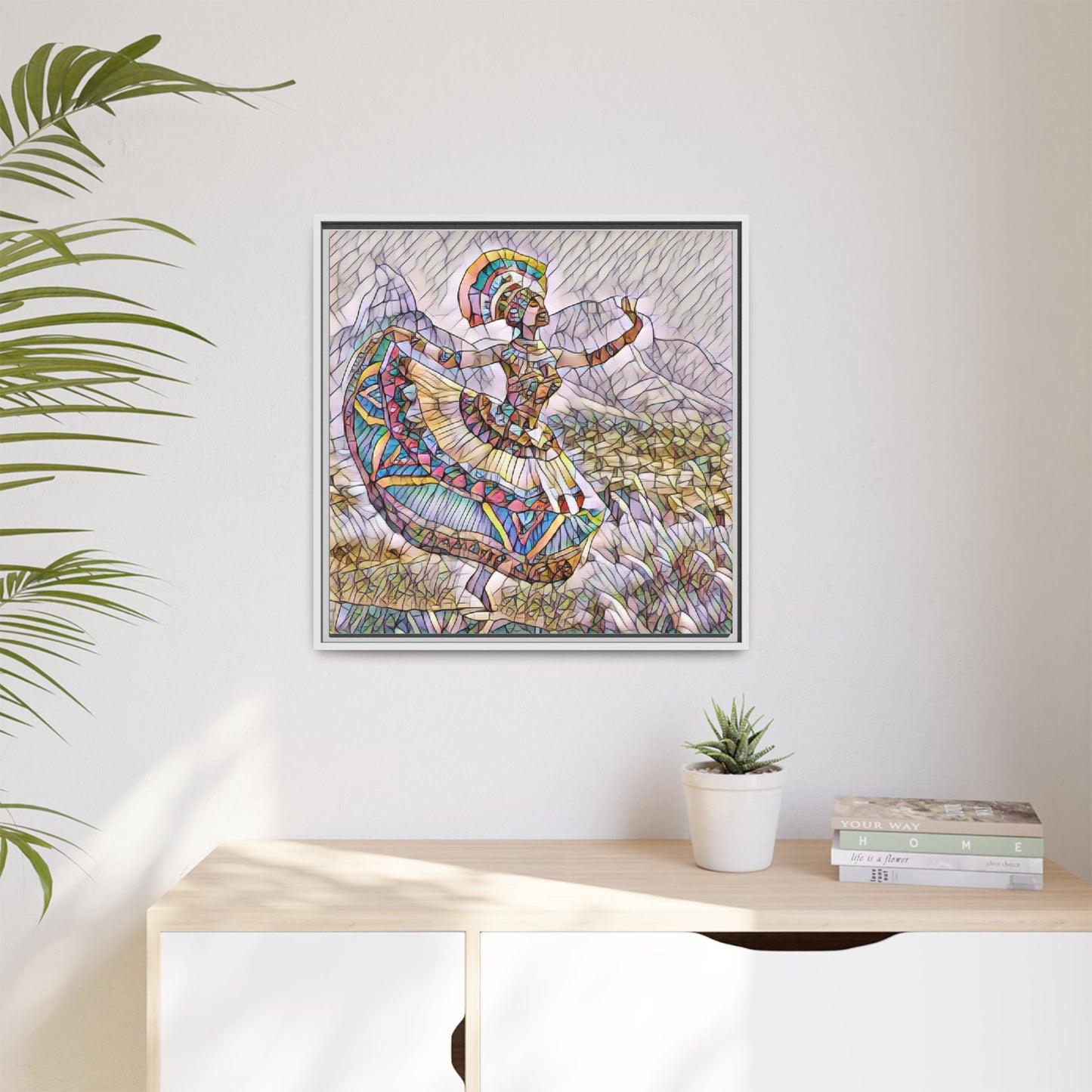 Ballerina Mosaic Framed Canvas Print — Colorful Ethnic Dance Wall Art