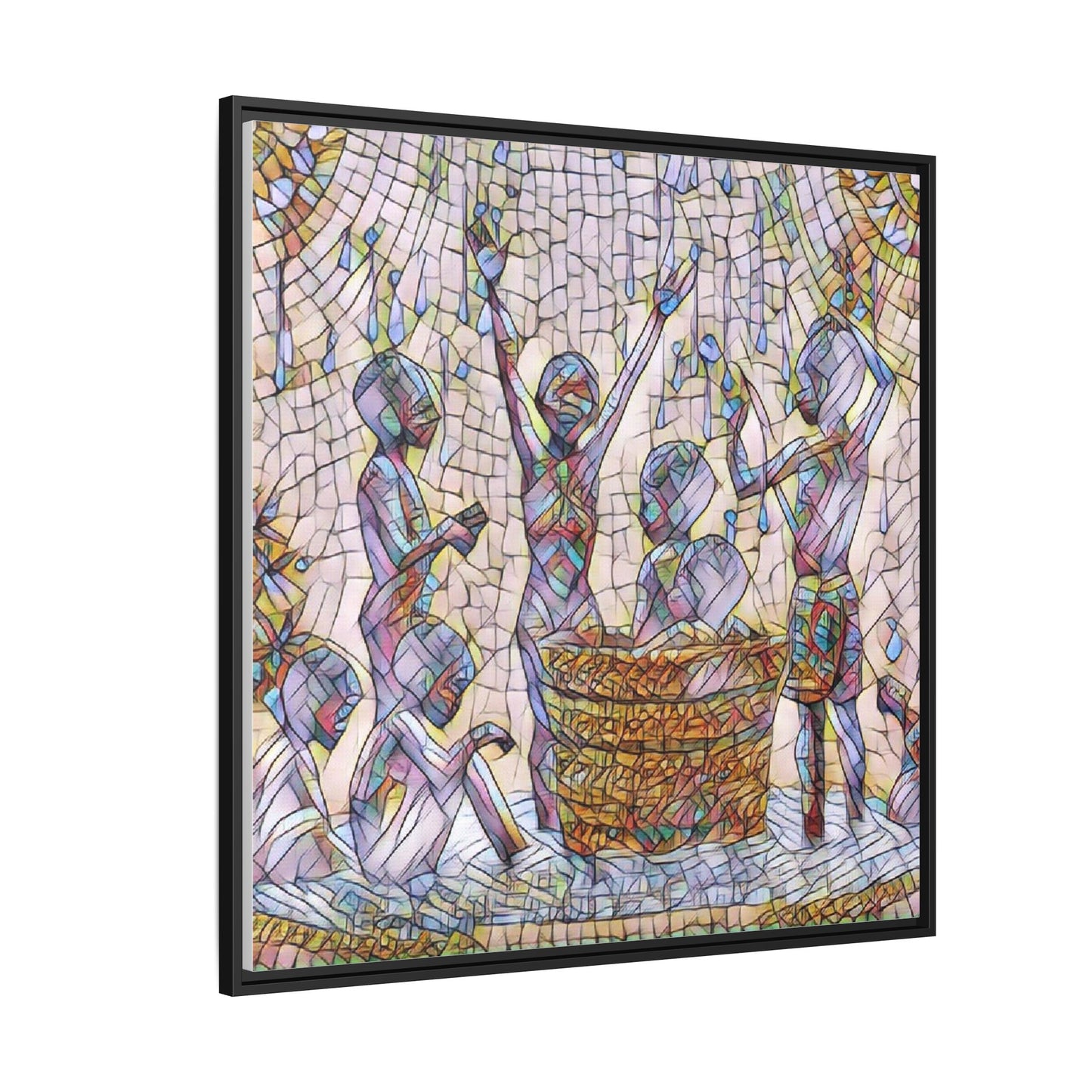 Framed Matte Canvas Art — Children Playing Mosaic Illustration
