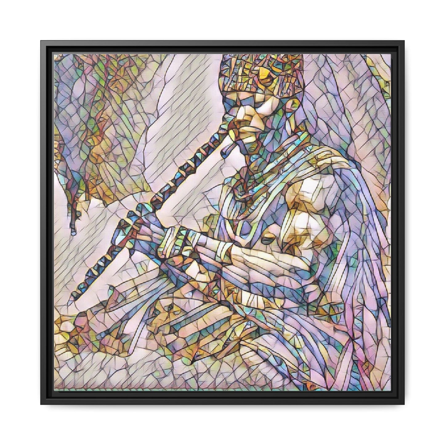 Tribal Flute Musician Stained-Glass Framed Canvas Art
