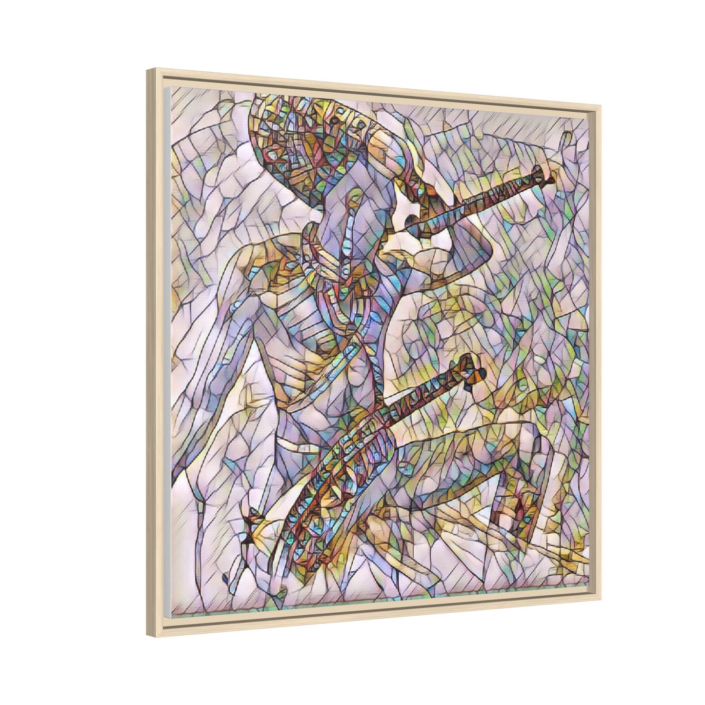 Stained Glass Blue Musician — Framed Matte Canvas Art