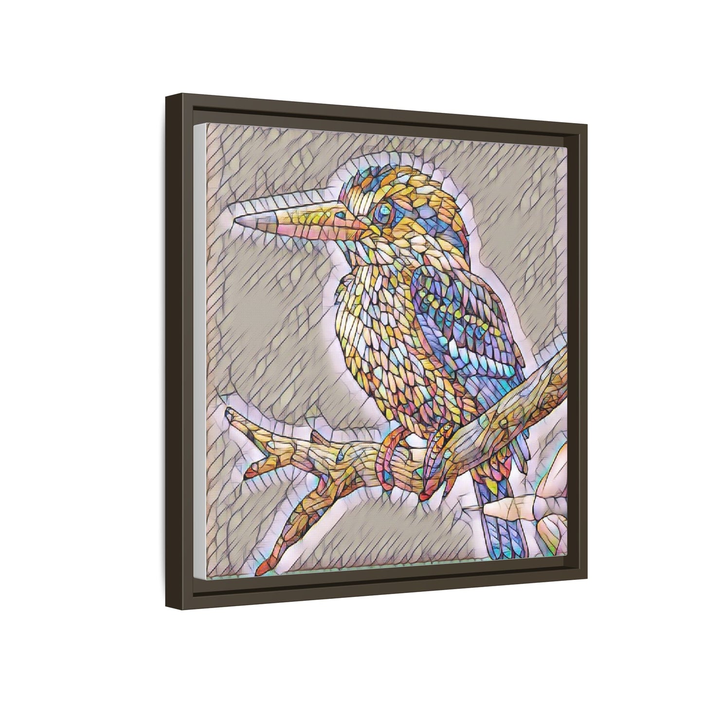 Colorful Kingfisher Framed Canvas Wall Art — Stained-Glass Style Bird Print