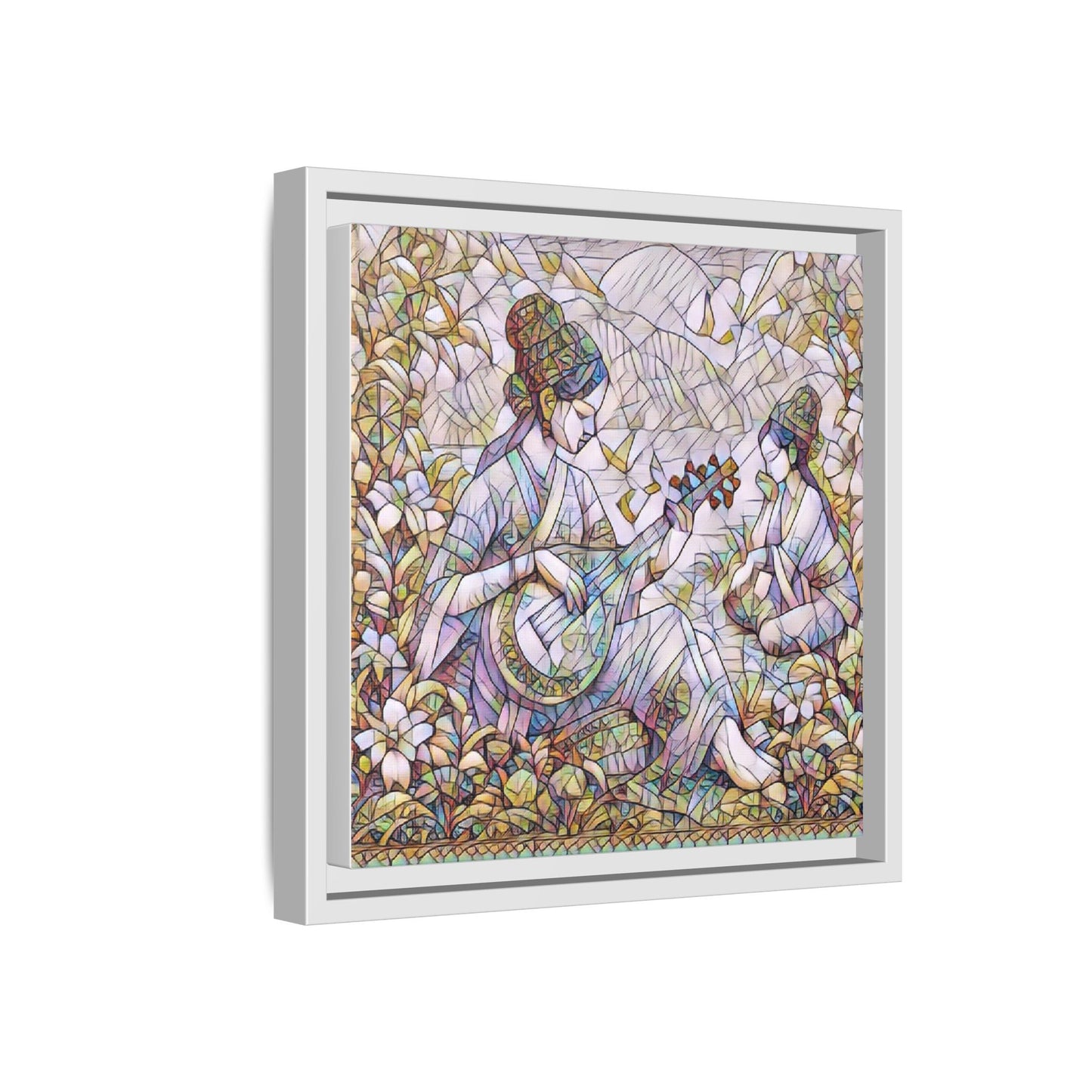 Framed Matte Canvas Art - Vintage Asian Musicians Floral Illustration