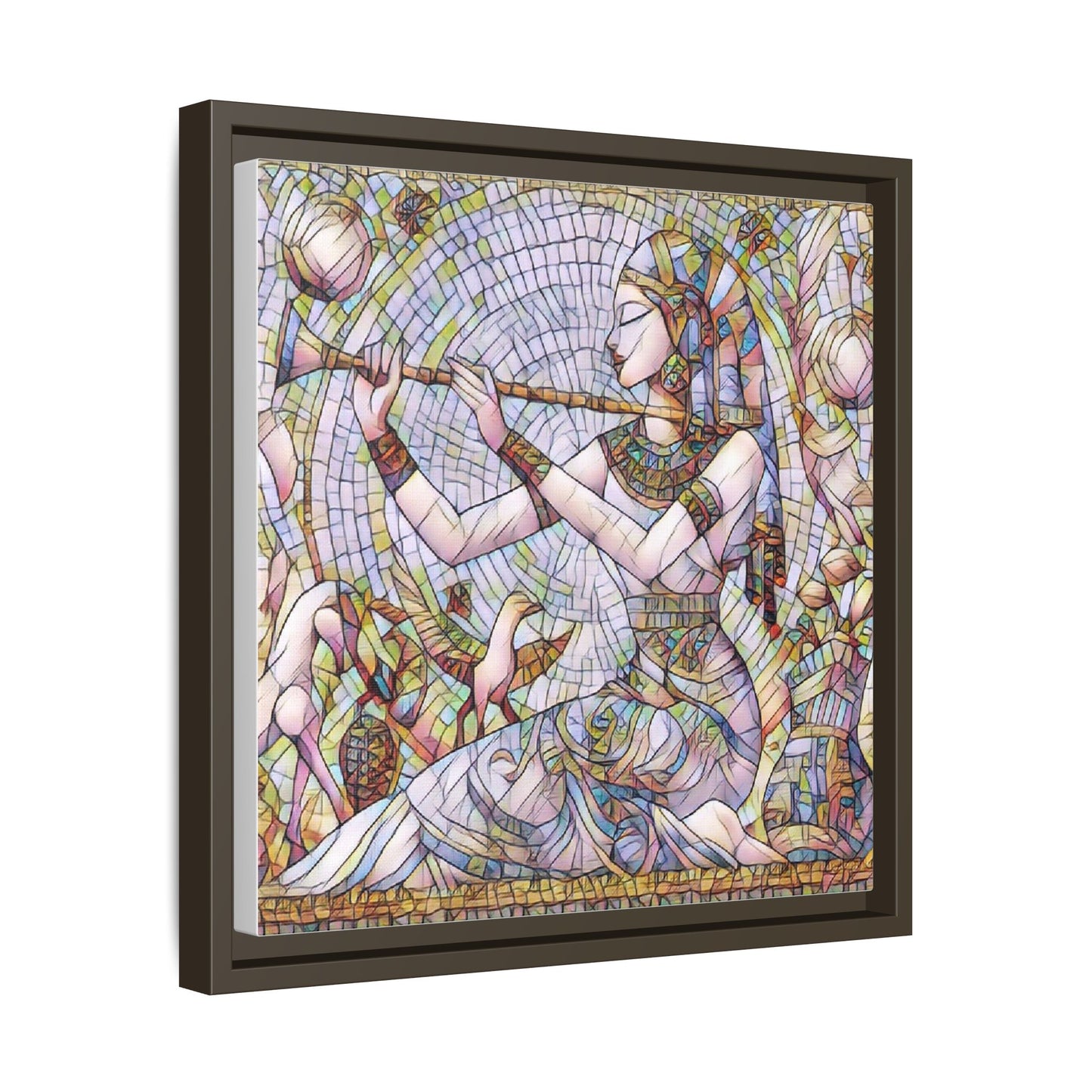 Egyptian Flute Player Framed Canvas Art — Colorful Mosaic Wall Decor