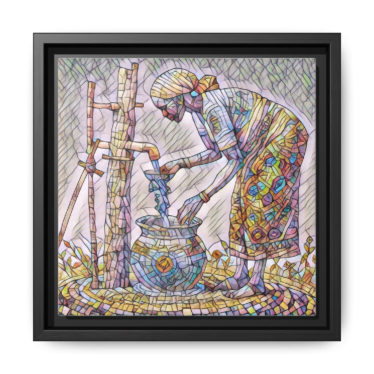 Framed Matte Canvas Art — Colorful Mosaic Woman at Well