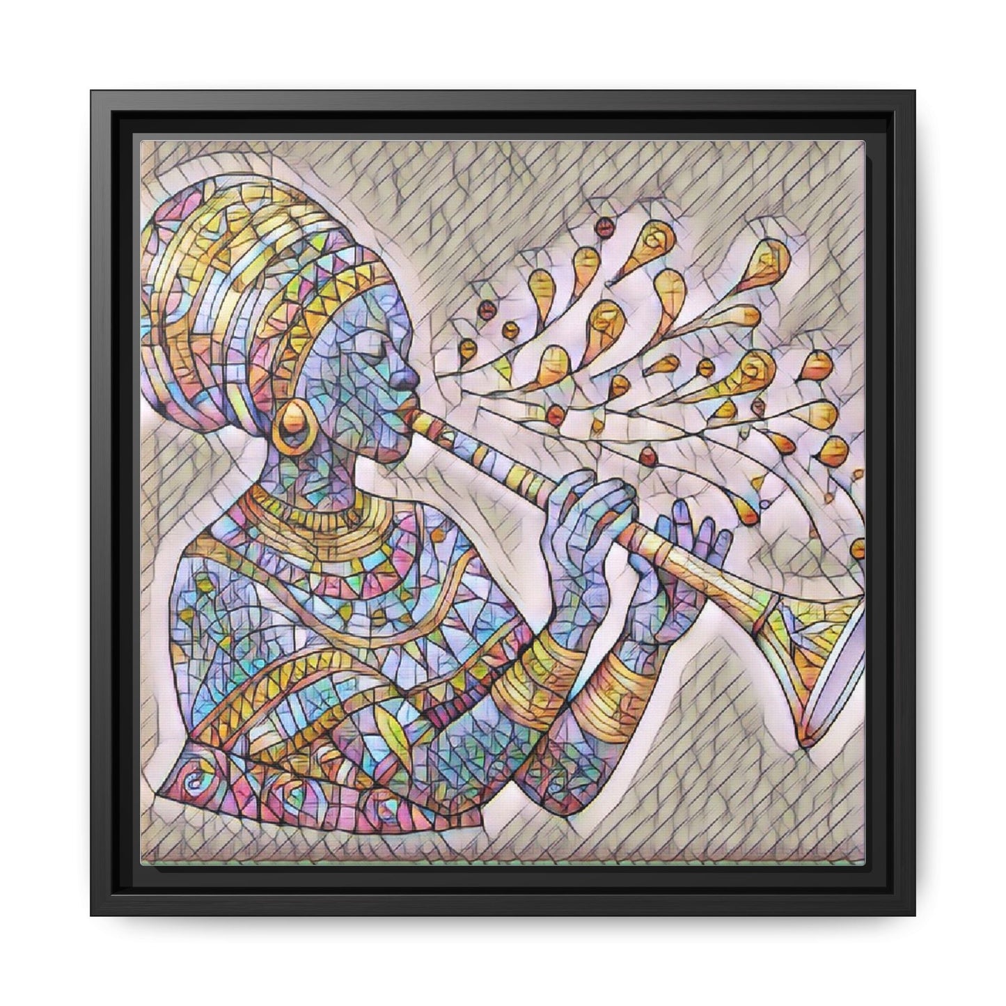 Framed Matte Canvas Art – Colorful African Musician Trumpet Print