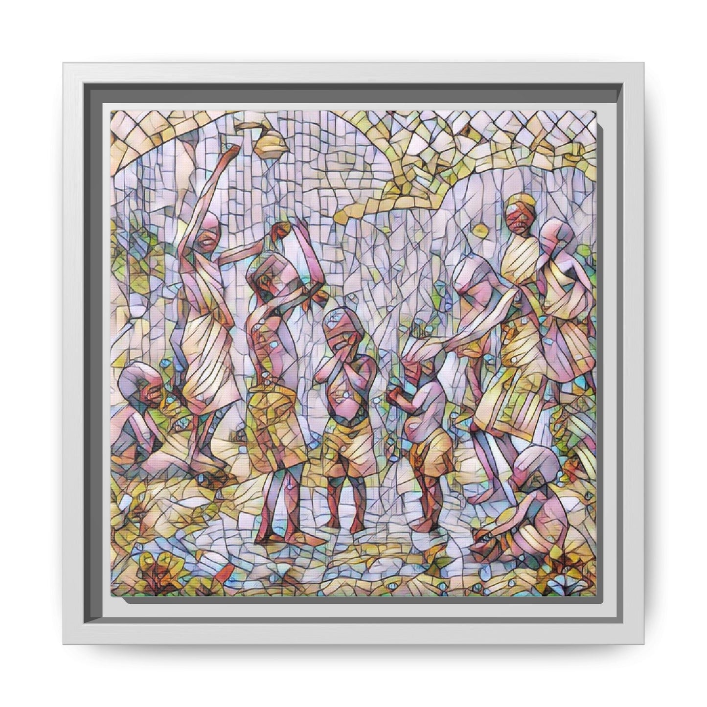 Framed Matte Canvas – Colorful Mosaic Children Playing Wall Art