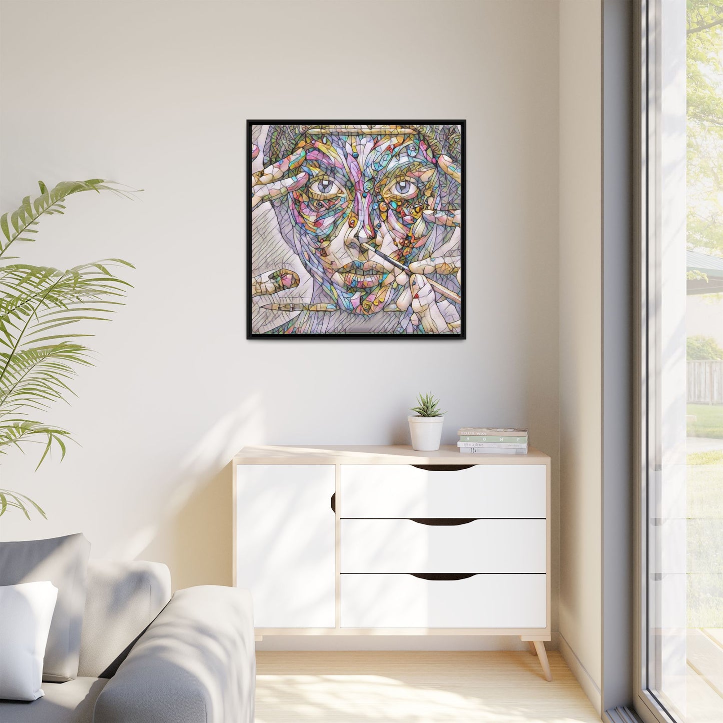 Framed Abstract Mosaic Face Canvas — Colorful Modern Wall Art