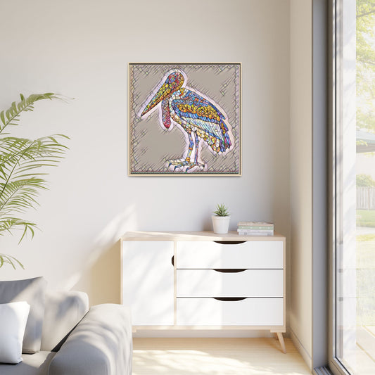 Stained Glass Pelican Matte Framed Canvas — Colorful Coastal Wall Art