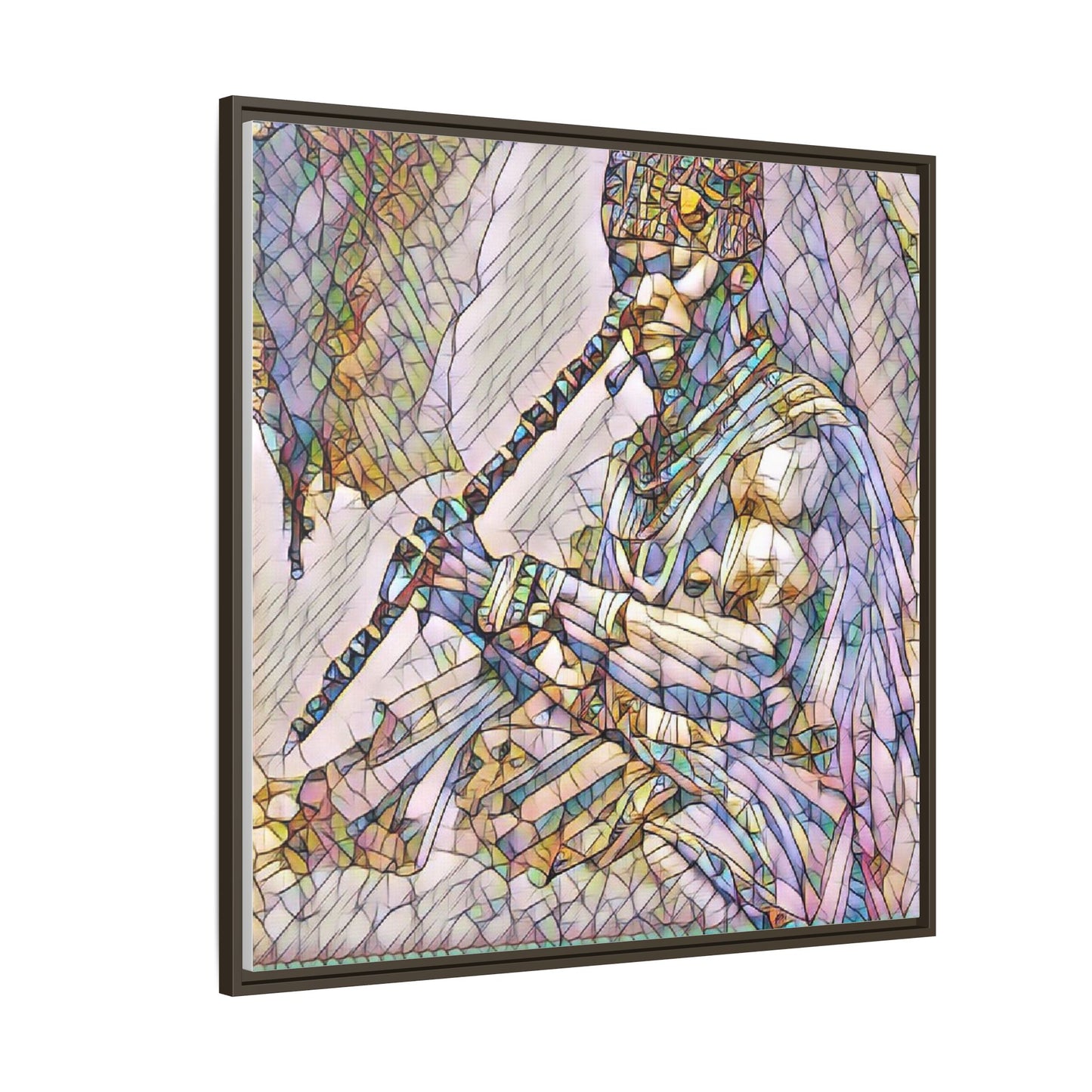 Tribal Flute Musician Stained-Glass Framed Canvas Art