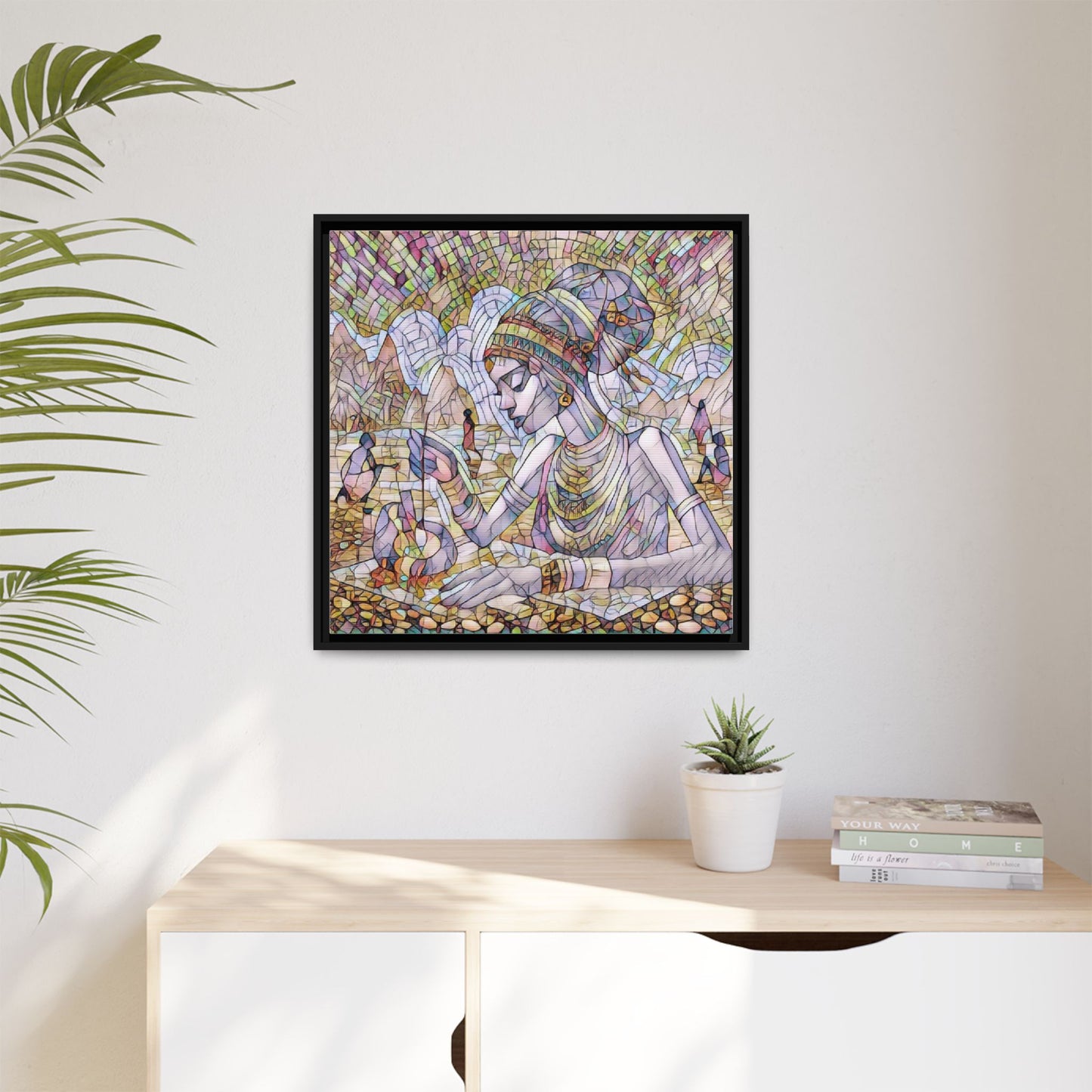 Framed Matte Canvas Art — Mosaic-Inspired Egyptian Woman Illustration