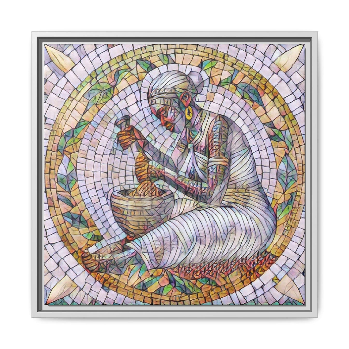 Framed Mosaic Art Print — Woman Grinding Grain (Matte Canvas)