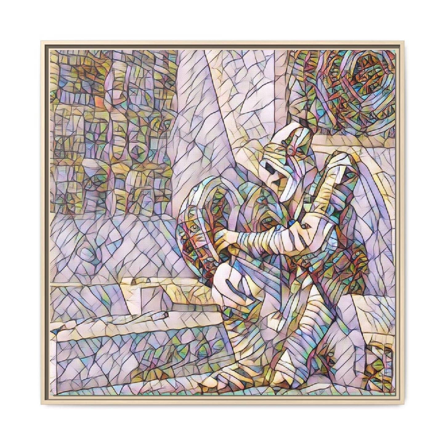 Framed Matte Canvas Art — Colorful Stained-Glass Astronaut Embrace
