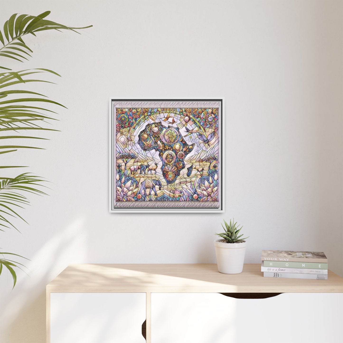 Abstract Mosaic Africa Framed Canvas — Colorful Stained-Glass Wall Art