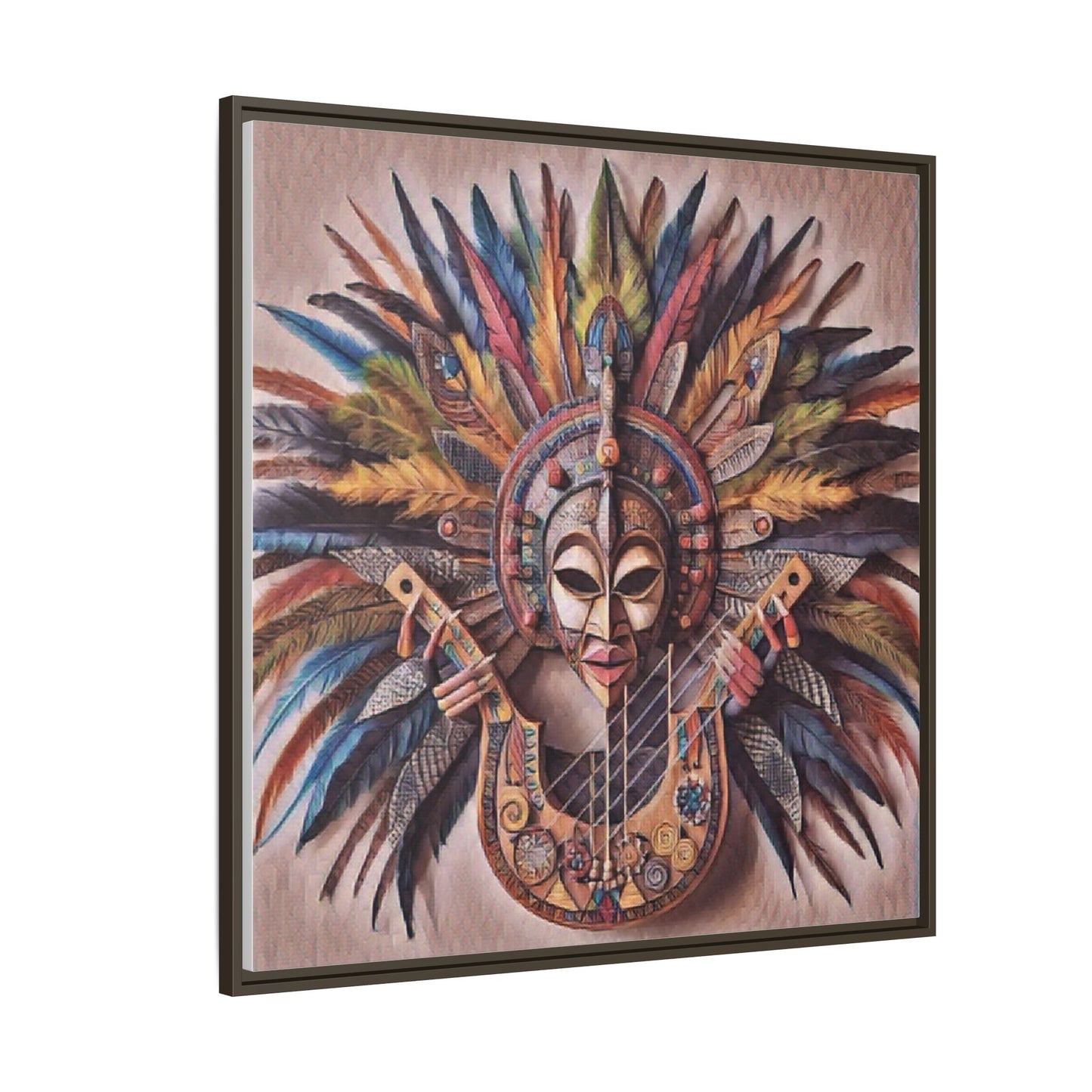Tribal Feather Mask Guitar Framed Canvas Art — Colorful Boho Wall Decor