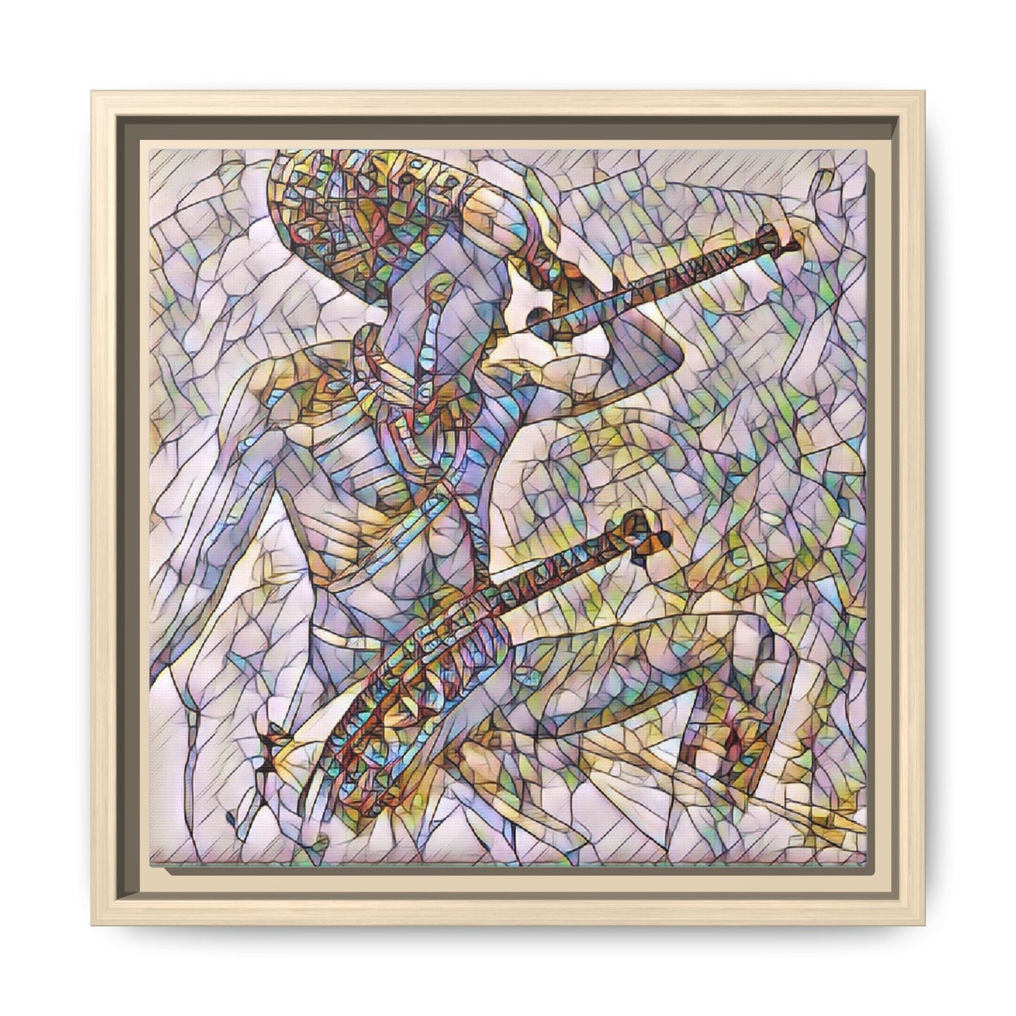 Stained Glass Blue Musician — Framed Matte Canvas Art