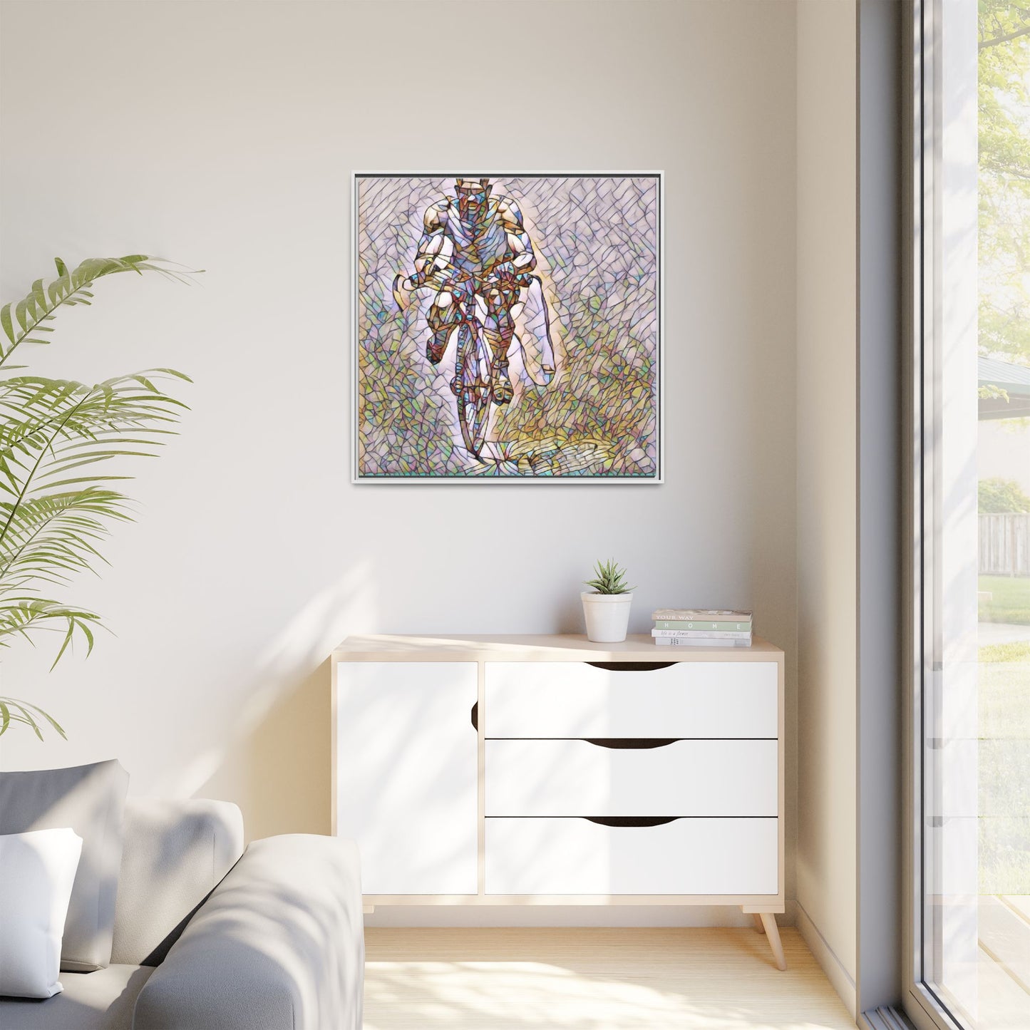 Cyclist Art Print — Framed Matte Canvas Wall Art (Multicolor Stained-Glass Style)