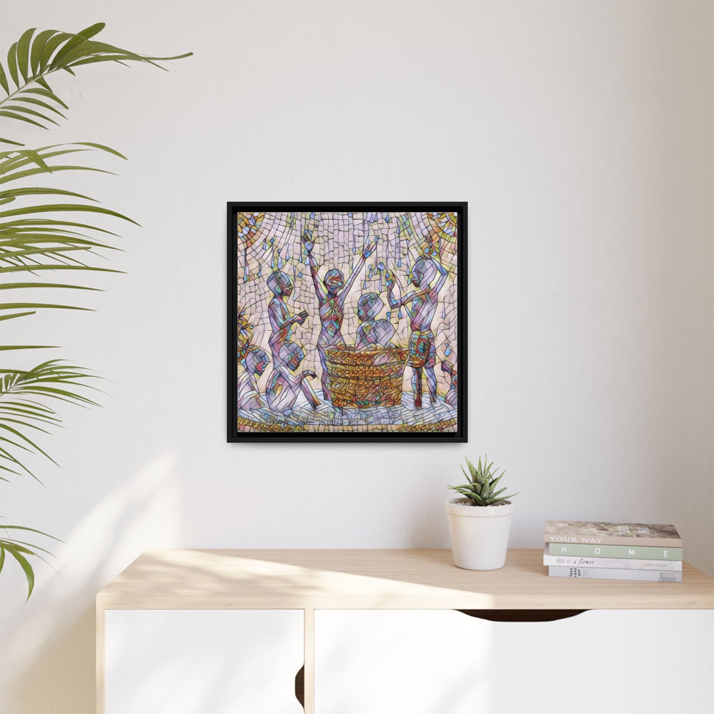 Framed Matte Canvas Art — Children Playing Mosaic Illustration