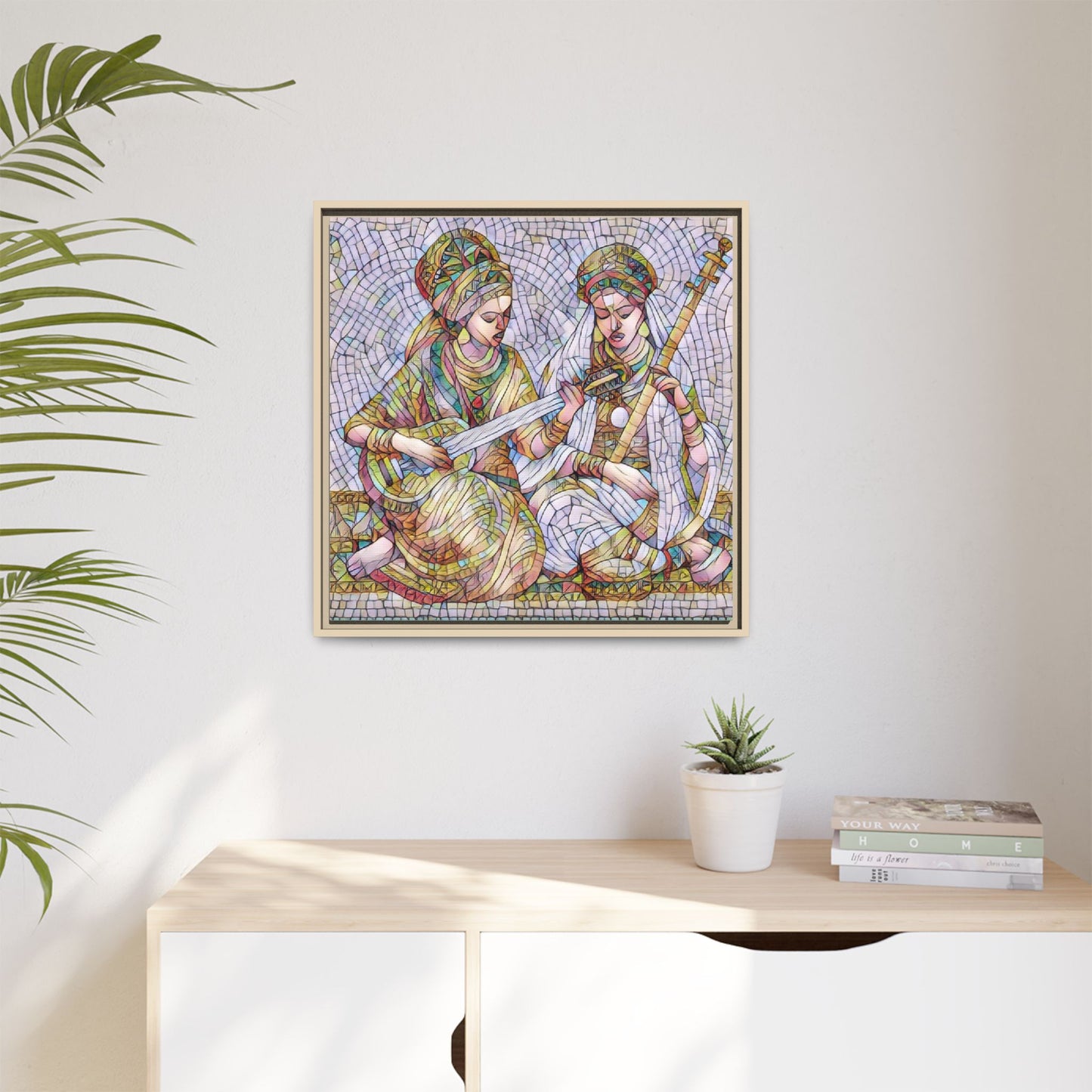 Framed Mosaic Art Print — Two Women Playing Lutes (Matte Canvas)