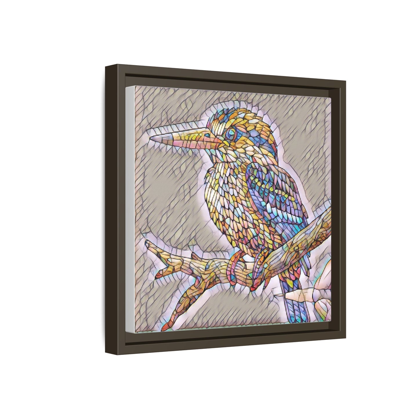 Colorful Kingfisher Framed Canvas Wall Art — Stained-Glass Style Bird Print