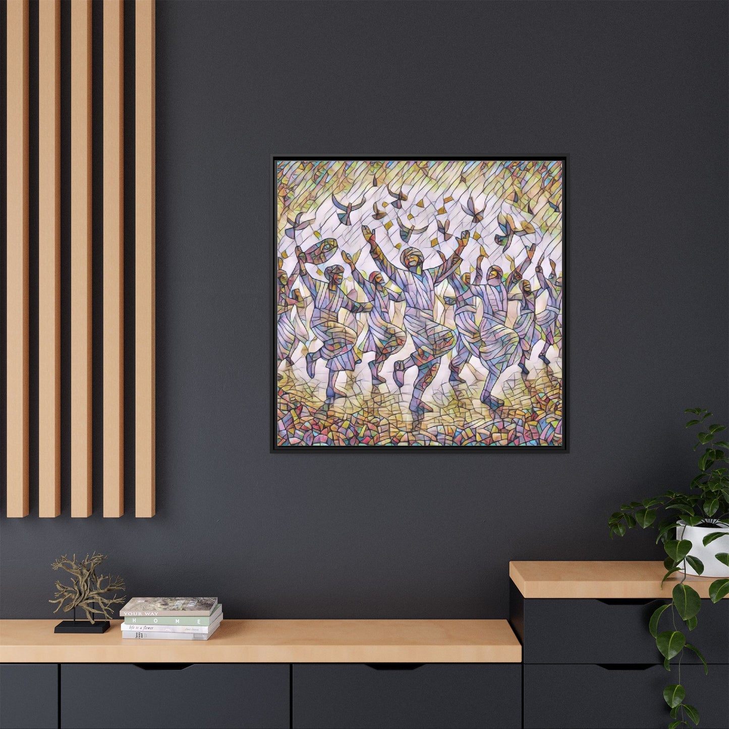 Framed Canvas Art - Joyful Dancers with Doves (Multicolor)