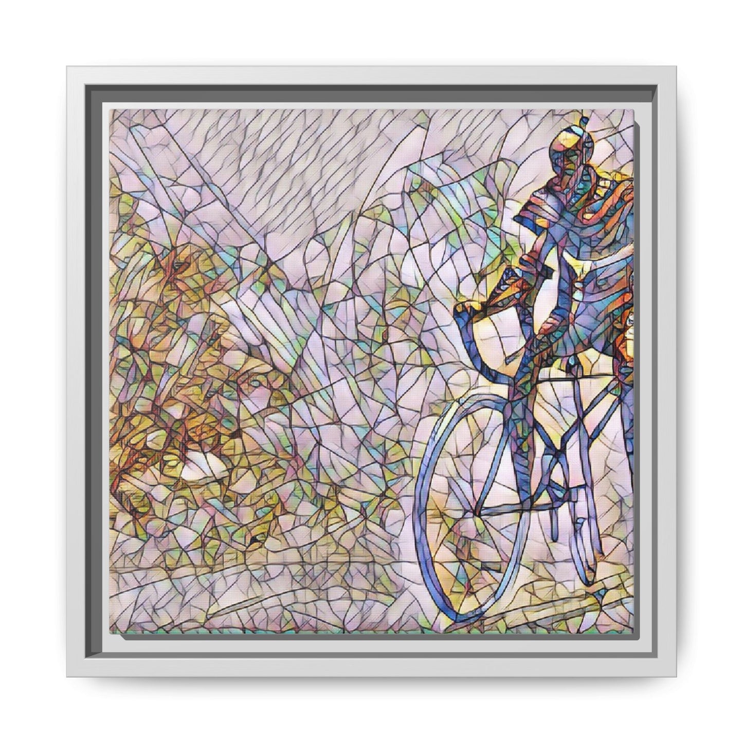 Colorful Cyclist Stained-Glass Art — Framed Matte Canvas