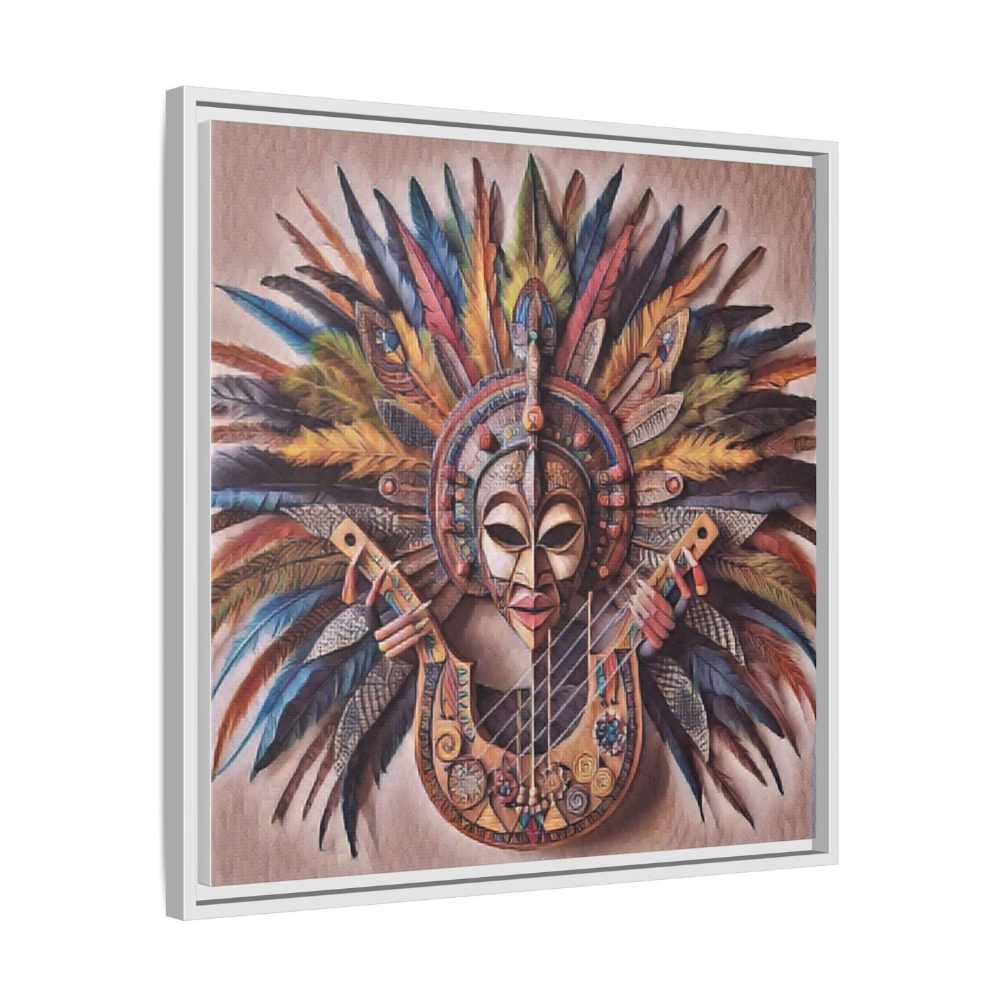 Tribal Feather Mask Guitar Framed Canvas Art — Colorful Boho Wall Decor