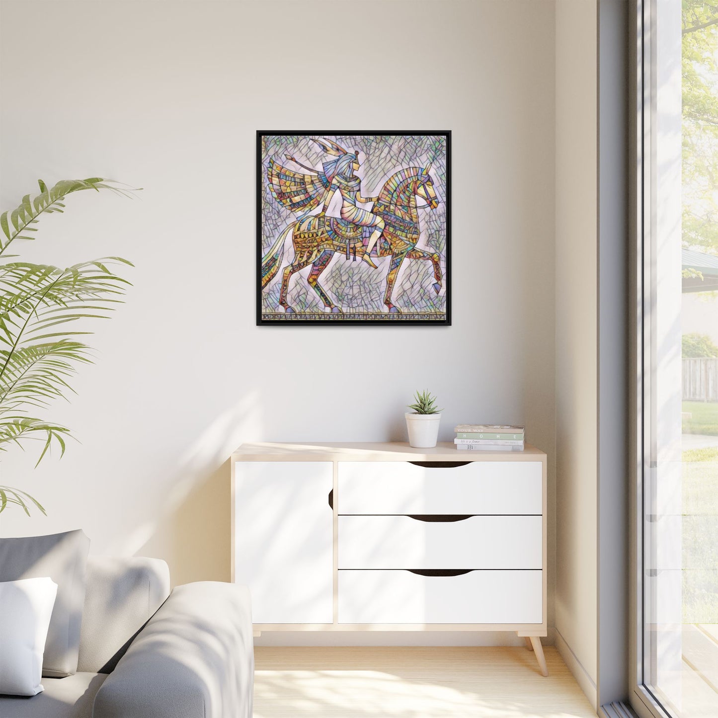 Stained-Glass Style Egyptian Horseman Framed Canvas Print