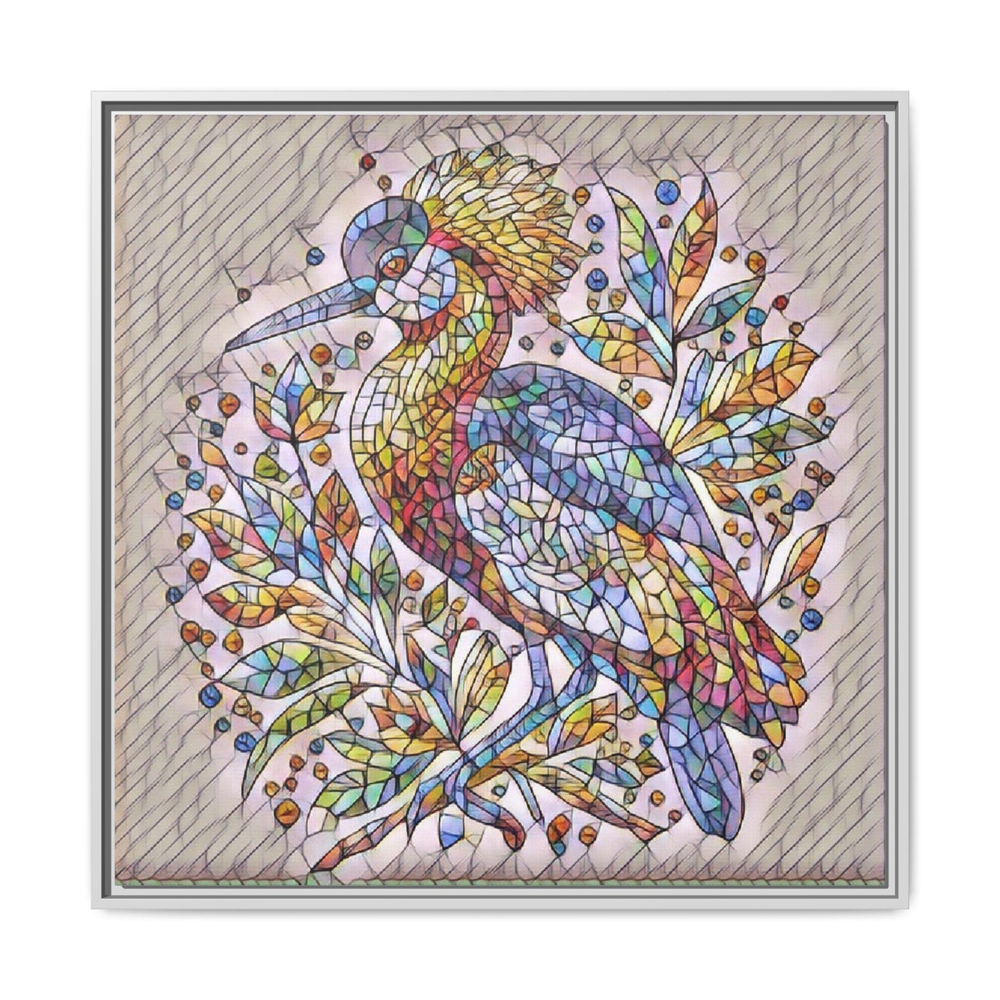 Colorful Stained-Glass Heron — Framed Matte Canvas Wall Art
