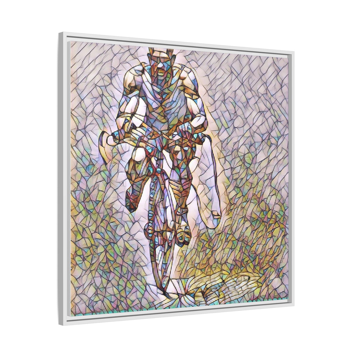 Cyclist Art Print — Framed Matte Canvas Wall Art (Multicolor Stained-Glass Style)