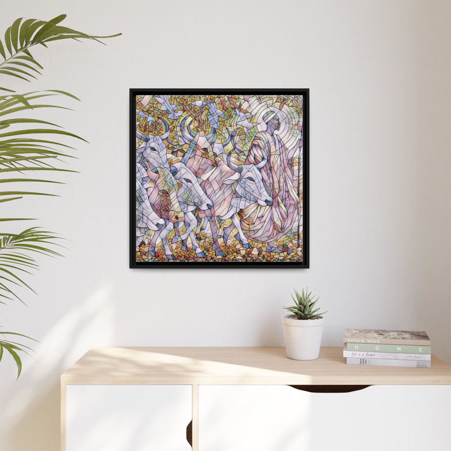 Framed Matte Canvas Art — Stained-Glass Style Cattle Herd