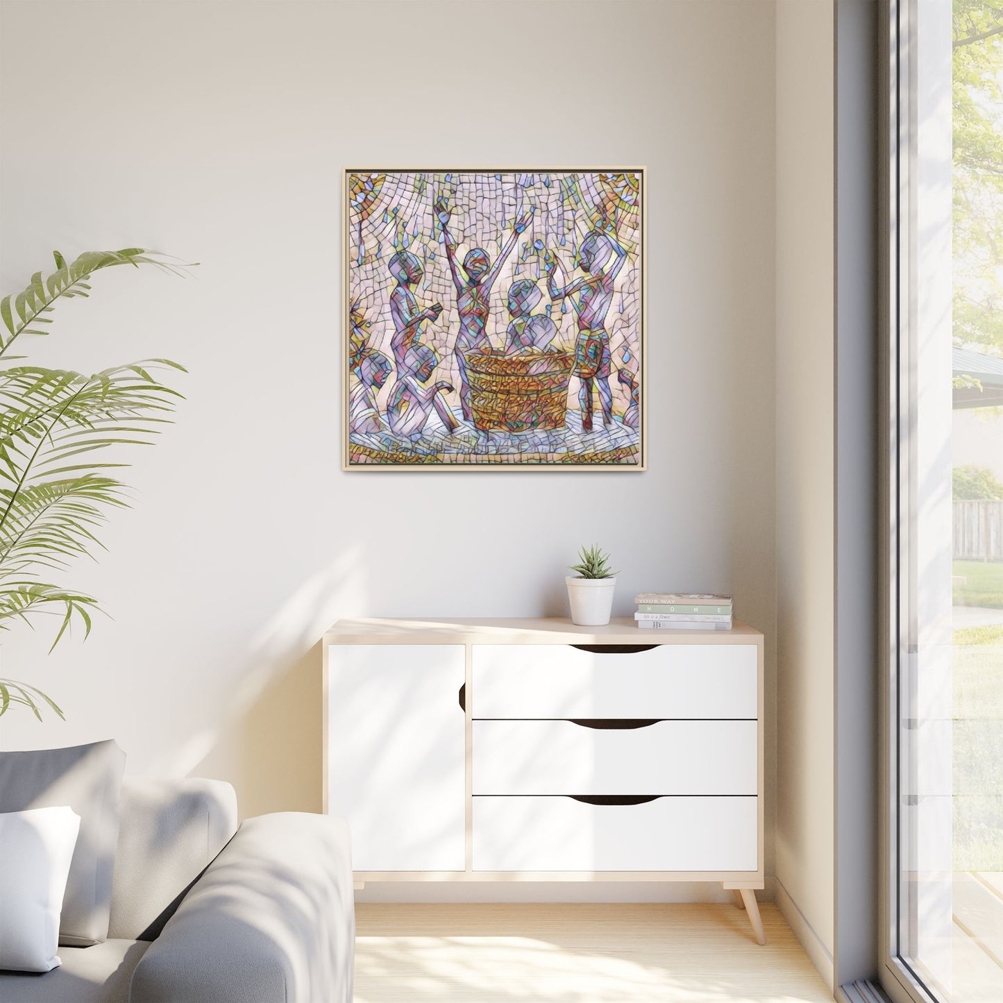 Framed Matte Canvas Art — Children Playing Mosaic Illustration