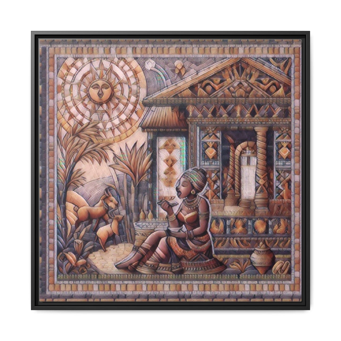 Egyptian Goddess Mosaic Framed Canvas Art — Colorful Ancient Ritual Wall Decor