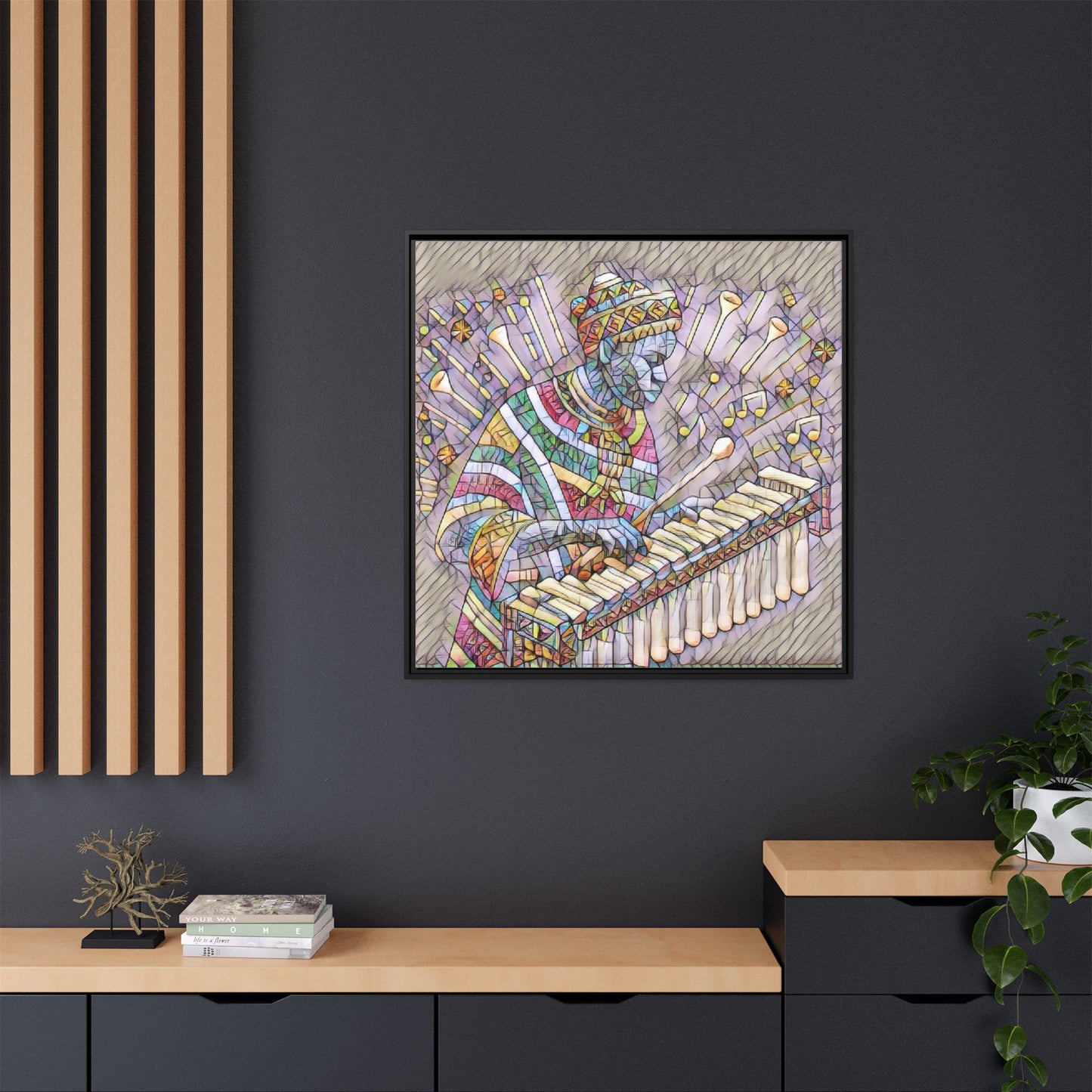 Colorful Marimba Musician Matte Framed Canvas — Vibrant African Instrument Wall Art