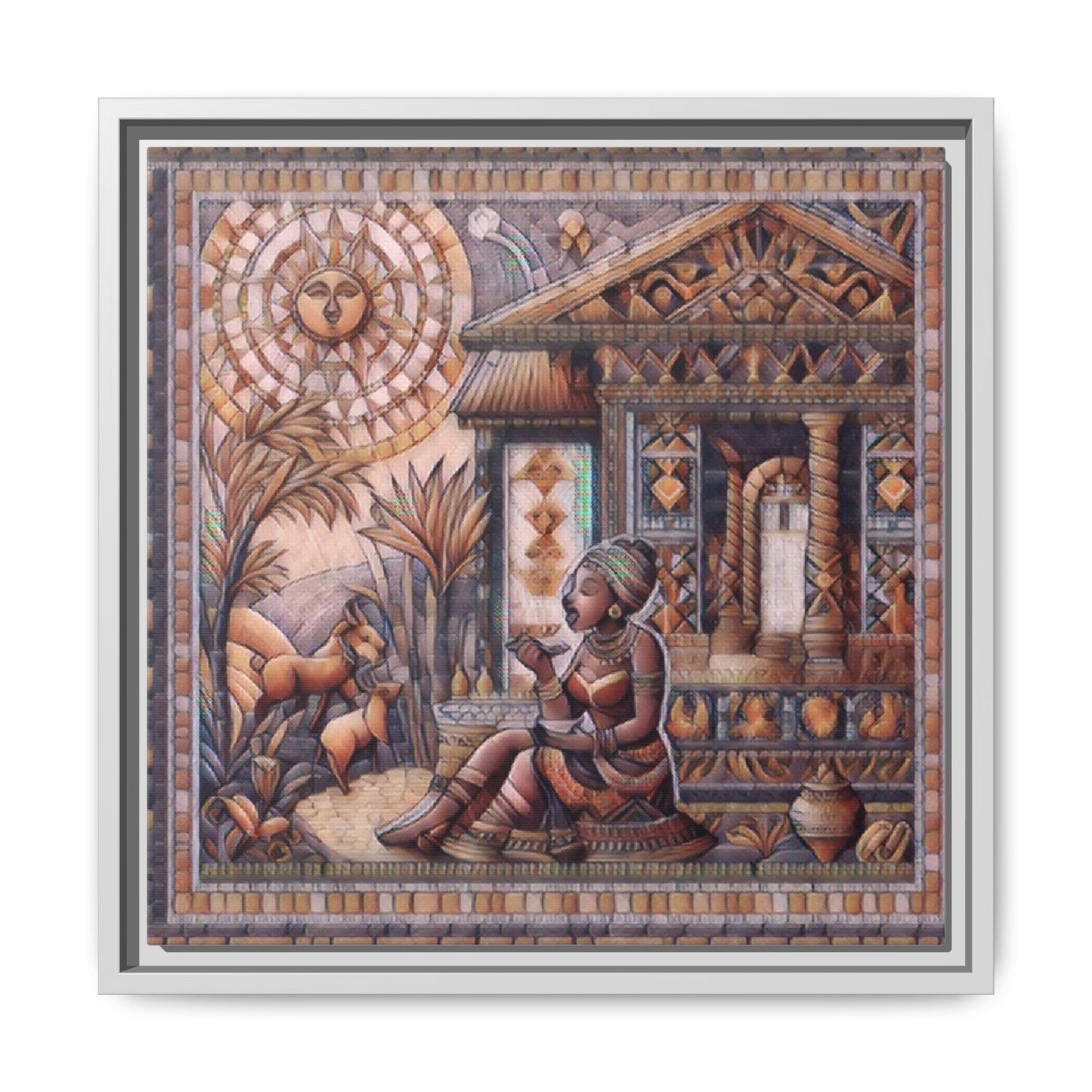 Egyptian Goddess Mosaic Framed Canvas Art — Colorful Ancient Ritual Wall Decor