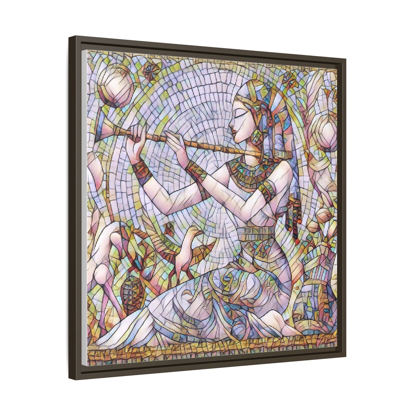 Egyptian Flute Player Framed Canvas Art — Colorful Mosaic Wall Decor