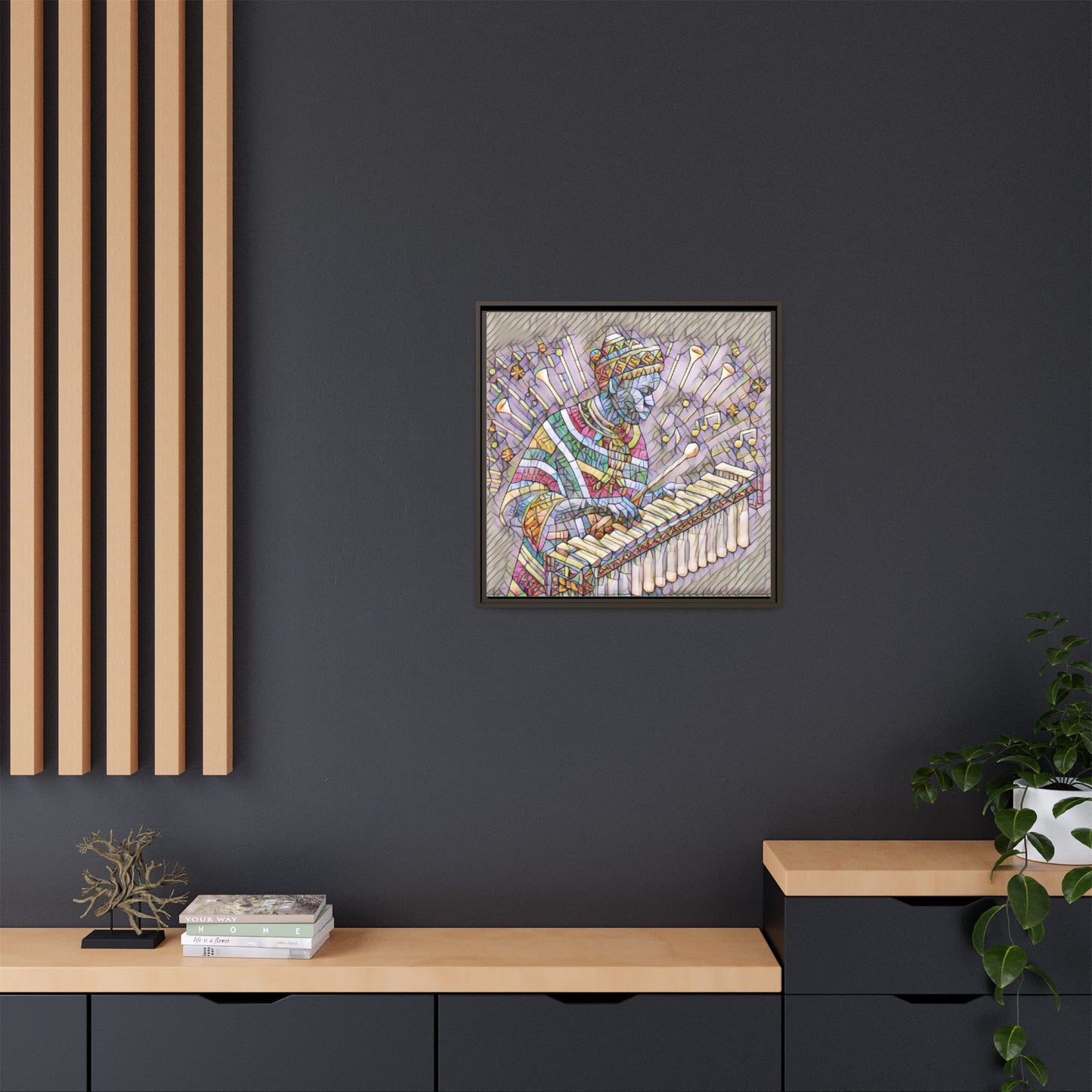 Colorful Marimba Musician Matte Framed Canvas — Vibrant African Instrument Wall Art
