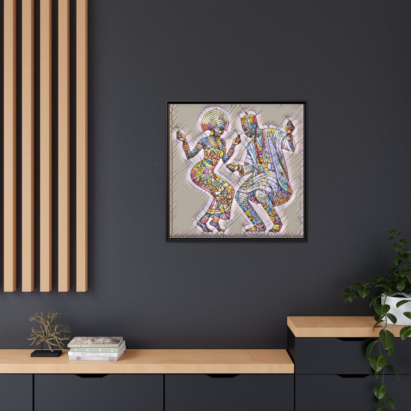 Afrobeat Dancers Framed Canvas Art — Colorful Mosaic African Dance Print