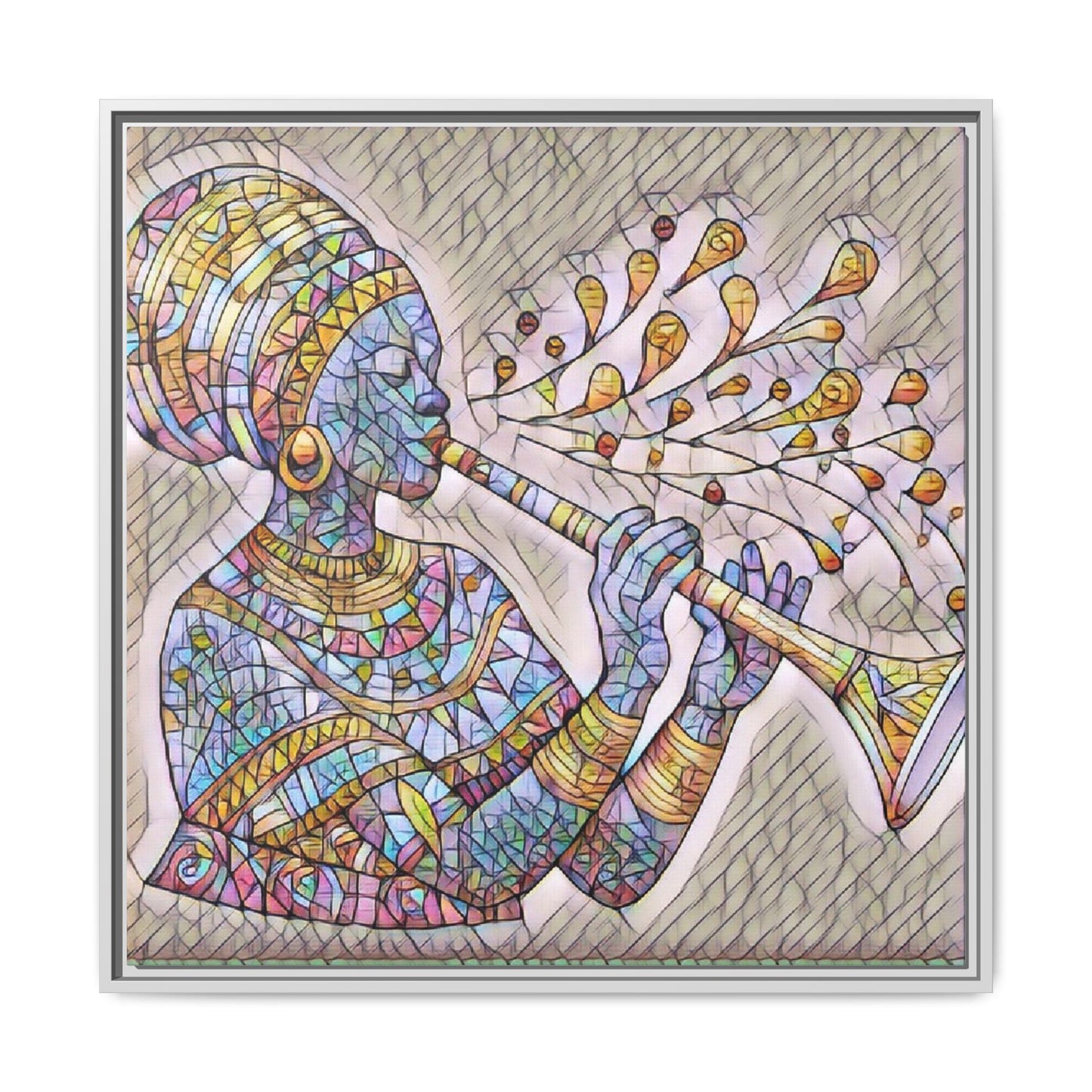 Framed Matte Canvas Art – Colorful African Musician Trumpet Print