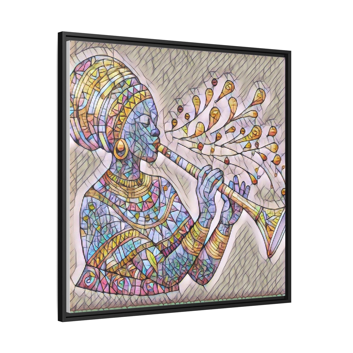 Framed Matte Canvas Art – Colorful African Musician Trumpet Print